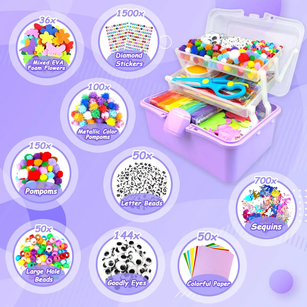 BNUZEIYI 3000Pcs Kit Lavoretti Creativi per Bambini Scatola Lavoretti Bambini a 3 Strati con Scovolini Colorati DIY Art Craft Fai da Te Giocattoli Regalo per Ragazze e Ragazzi 4-6, 6-8, 8-12, Viola