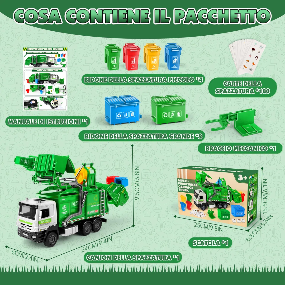 Charmofun Camion Spazzatura, Camion dei Rifiuti con 6 bidoni della spazzatura, 180 Carte del Rifiuto, Luci e Suoni, Camions Immondizia Regalo per Bambini e Bambine 3+