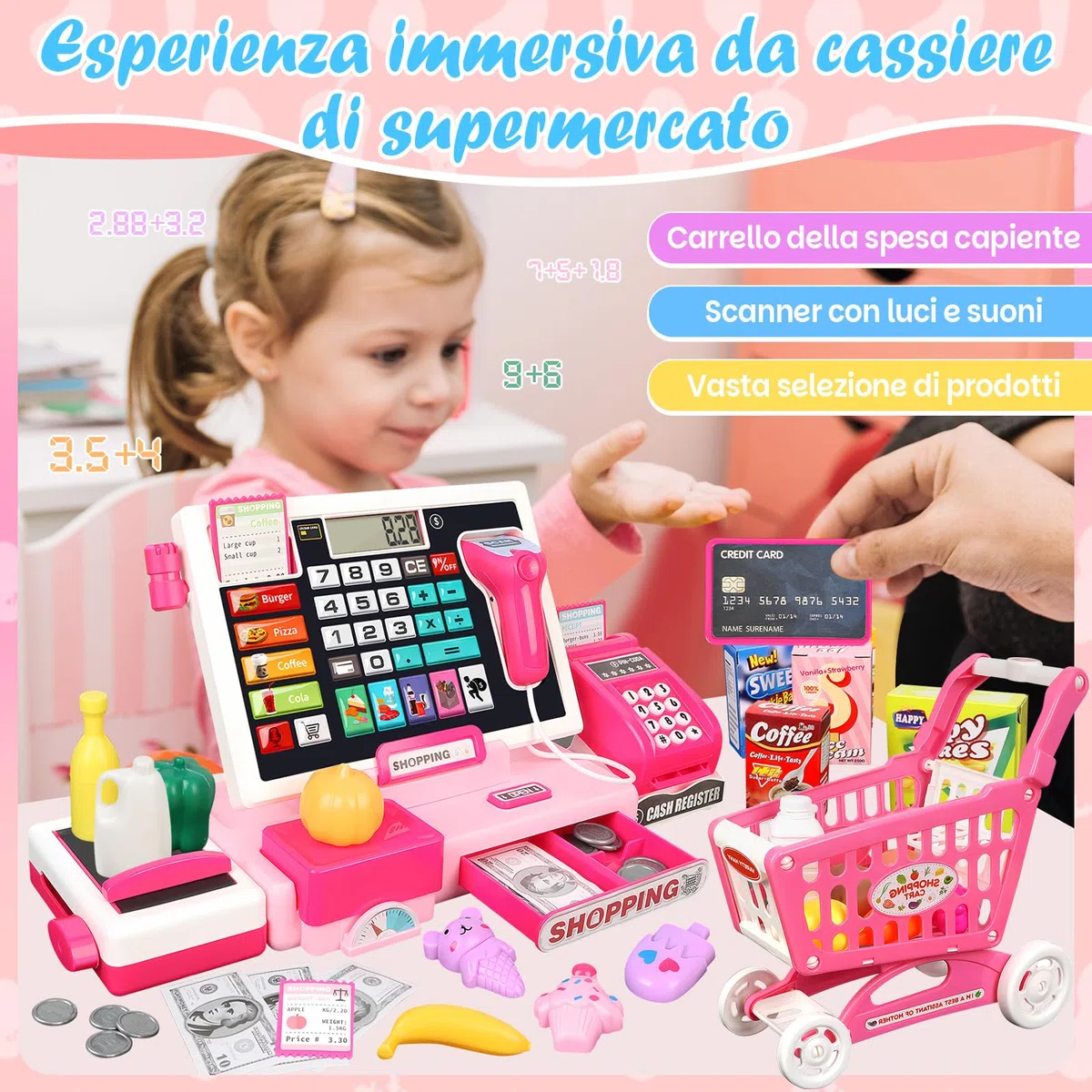 IEEILULU Cassa Giocattolo per Bambini, Cassa Supermercato Giocattolo - Con 52 Accessori(Vera Calcolatrice/Scanner/Soldi Finti/Cibo, Ecc.), Giocattolo Educativo Regalo per Ragazze Ragazzi 3 4 5 6 7 8