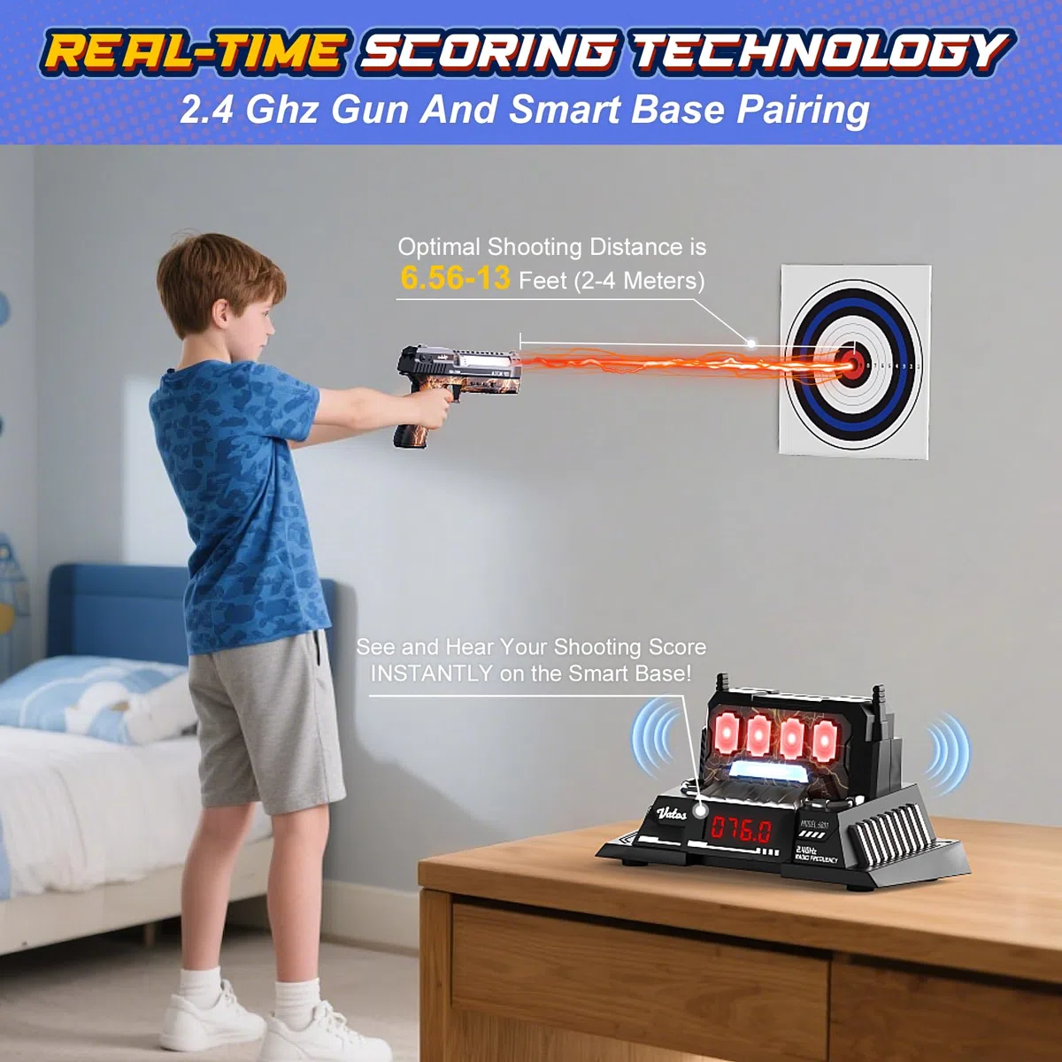 VATOS Set Gioco di Tiro Elettronico Intelligente con Base Bersaglio Punteggio Automatico e Pistola Laser Ricaricabile, Feedback Vocale in Tempo Reale, Giocattolo Interno/Esterno per Adolescenti