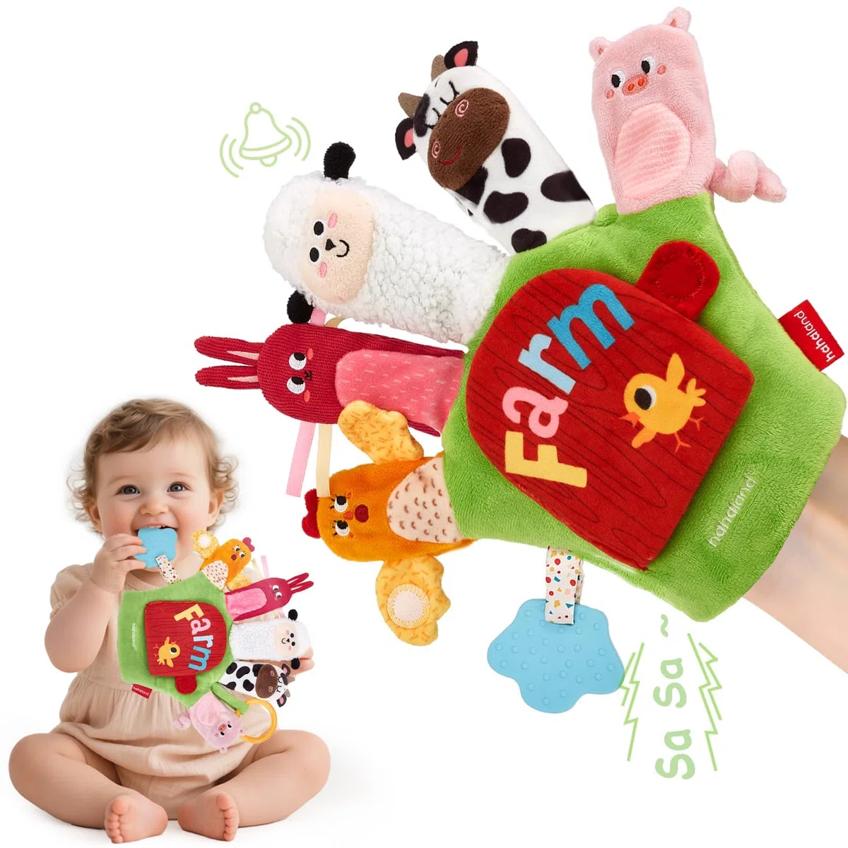 hahaland Giochi Sensoriali Neonati 6 Mesi, Guanto Marionetta della Fattoria Interattivi Gioco Montessori 6 Mesi, con Sonaglio/Specchio, Tummy Time Neonato 3 6 9 12 Mesi