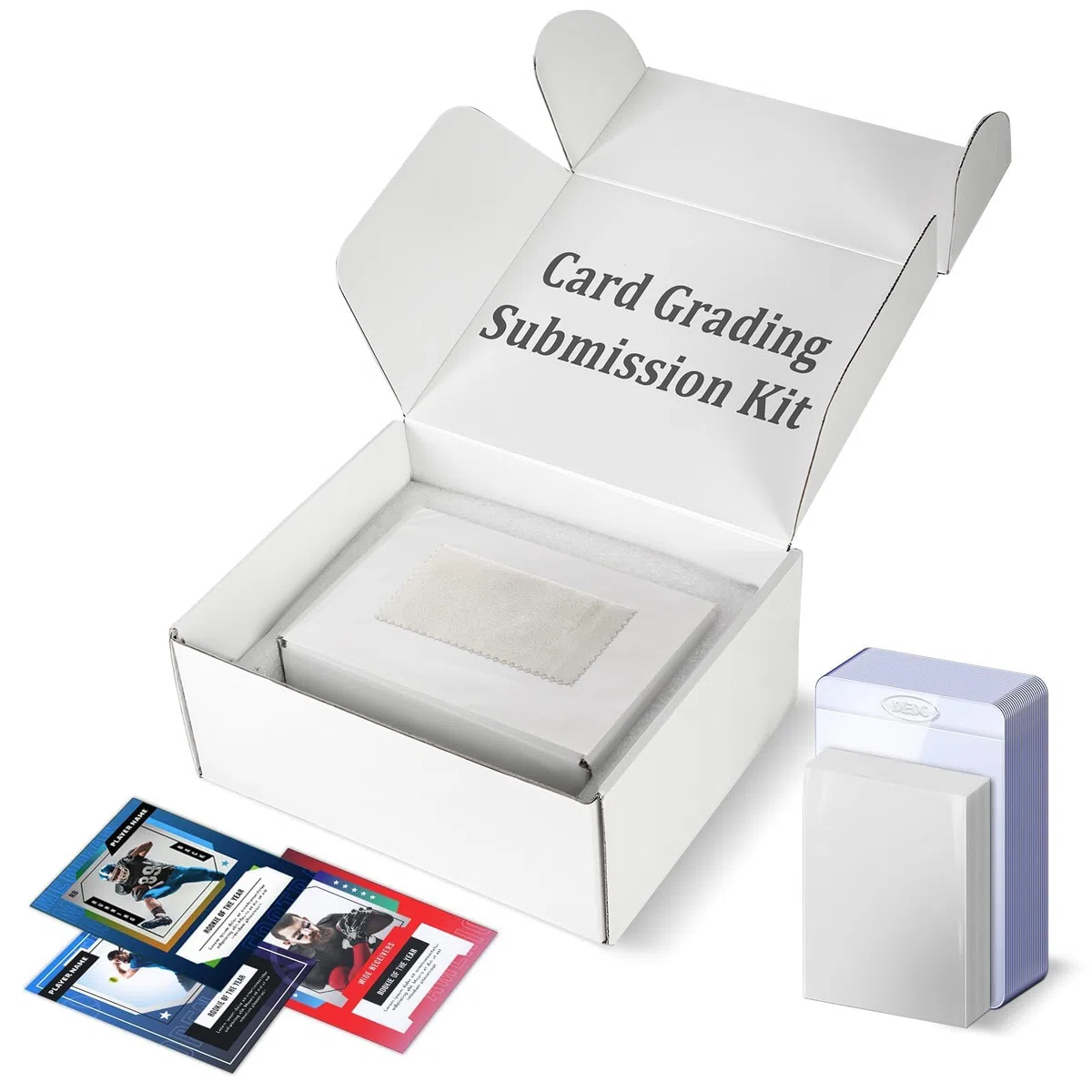 Kit di invio per classificazione delle carte, scatola di spedizione per PSA, CGC, SGC - 25 porta carte semi rigidi, 25 custodie per carte, 1 etichetta di spedizione + 1 panno per la pulizia