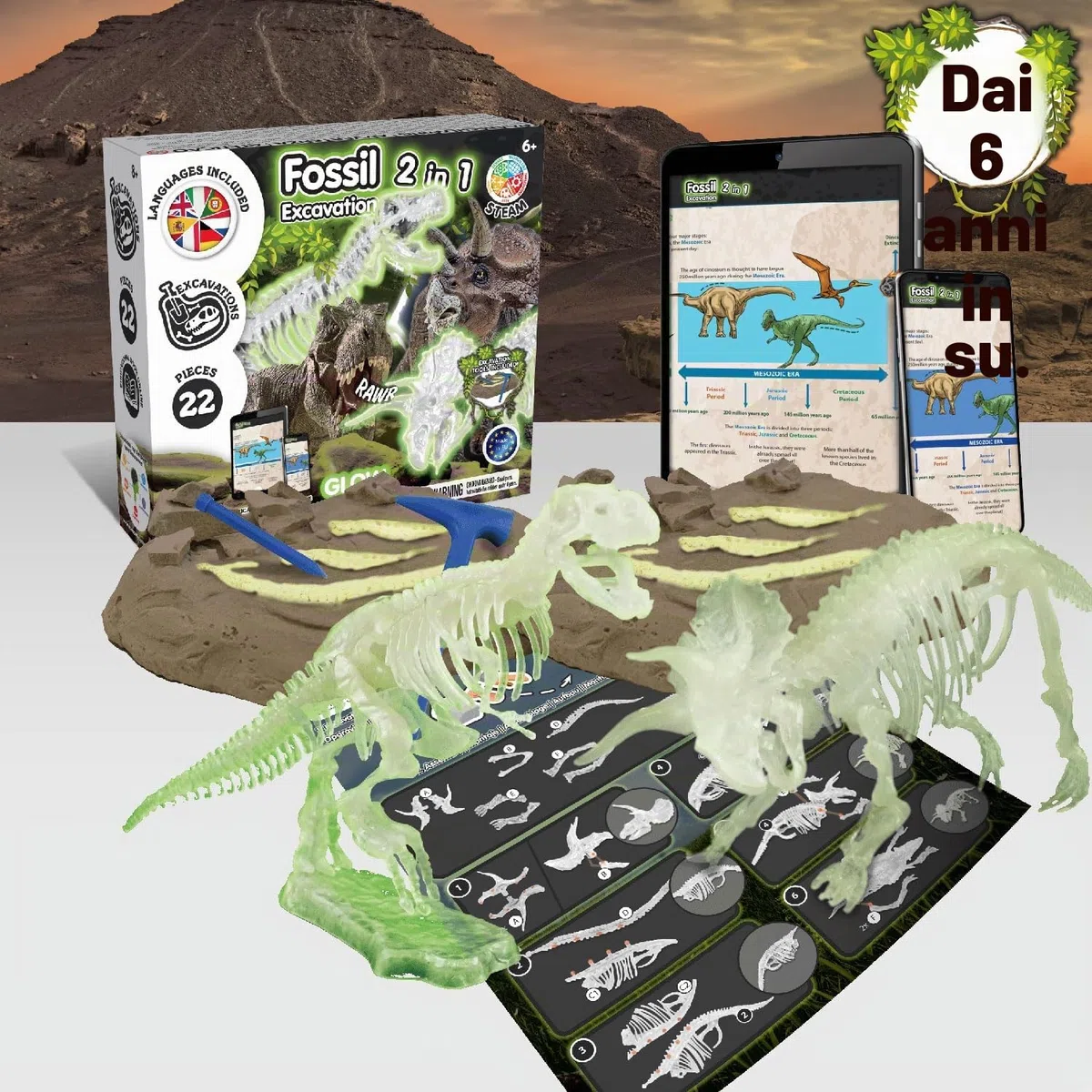 Science4you Kit Dinosauri 2 in 1 - Fossili da Scavare che si Illuminan al Buio di 2 Dinosauri: T Rex e Triceratopo, Scheletro Dinosauro, Giocattoli per Bambini 6 7 8 9+ Anni
