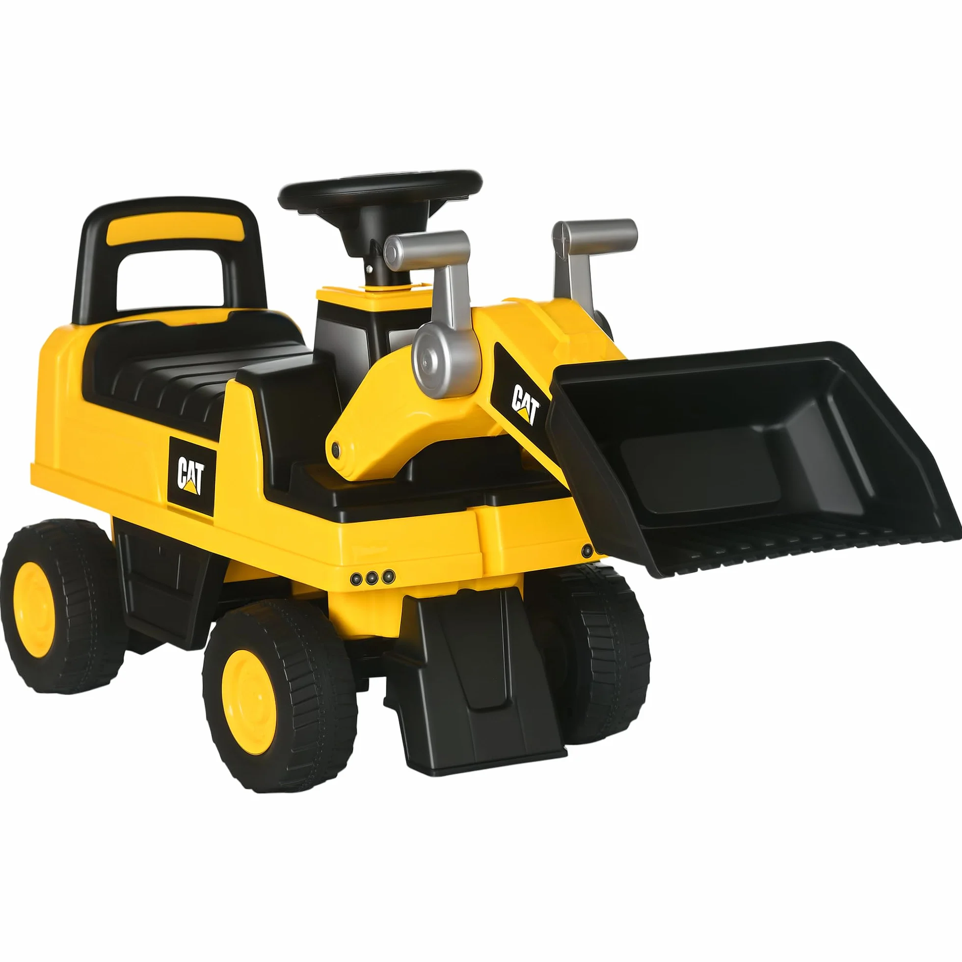 HOMCOM Ruspa Giocattolo per Bambini 18 e 36 Mesi con Licenza Caterpillar e Spazio Portaoggetti, Escavatore Giocattolo Cavalcabile in PP e Metallo con Clacson e Schienale, 78x29.5x54 cm, Giallo e Nero