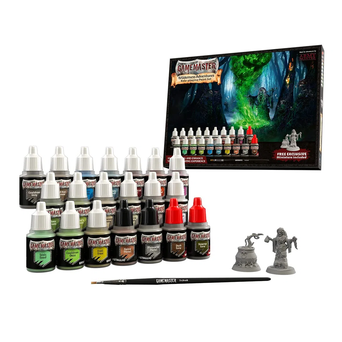 The Army Painter GameMaster Wilderness Adventures - Set di Colori per Giochi di Ruolo, 20 Bottiglie di Vernice acrilica da 12 ml, 1 Pennello Asciutto, 1 Miniatura in plastica per Warhammer 40k e