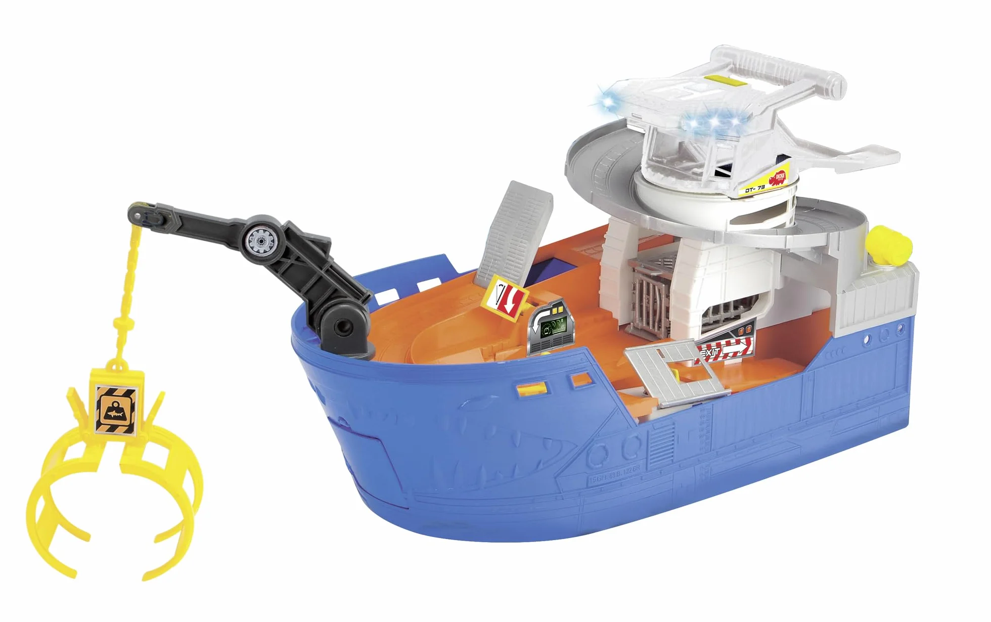 Dickie summer shark attack, barca cm. 50, con luci e suoni: gru che si muove, barca di salvataggio, inclusi 1 automobile die-cast, un elicottero, 1 sottomarino squeezy, 1 squalo