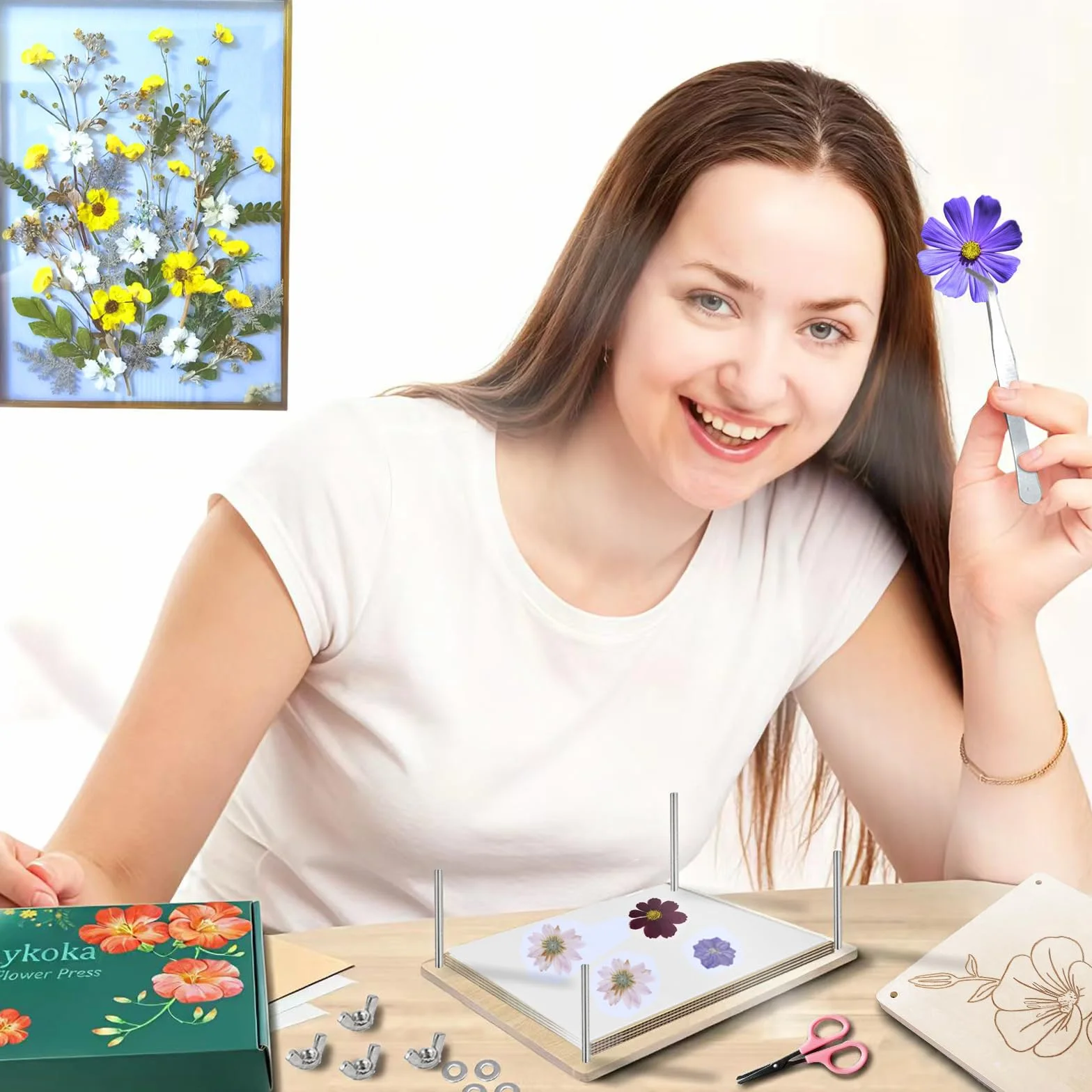 Set di pressa per fiori professionale a 8 strati, 16 x 21 cm, set di pressa in legno per bambini e adulti, istruzioni chiare incluse (lingua italiana non garantita), bel regalo per