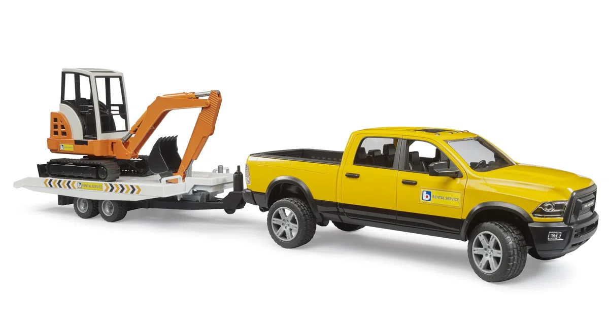 bruder 02546 - Servizio di noleggio RAM con miniescavatore - 1:16, pick-up, fuoristrada, jeep, cantiere, veicolo da costruzione, giocattolo da 4 anni
