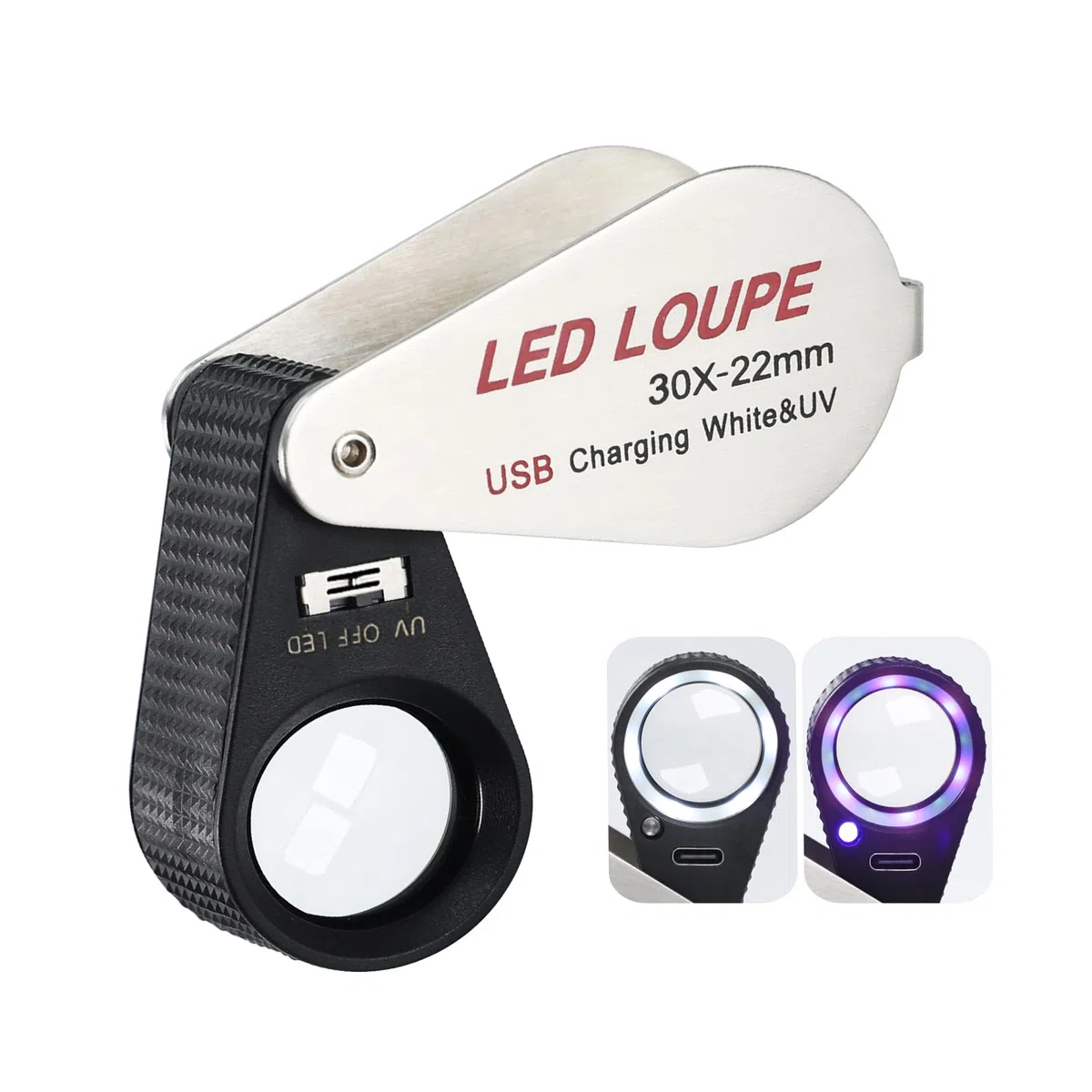 Lente d'Ingrandimento Illuminata da Gioielliere 30x, Lente Pieghevole Ricaricabile con LED e Luce UV per Gemme, Gioielli, Monete, Francobolli, ecc.
