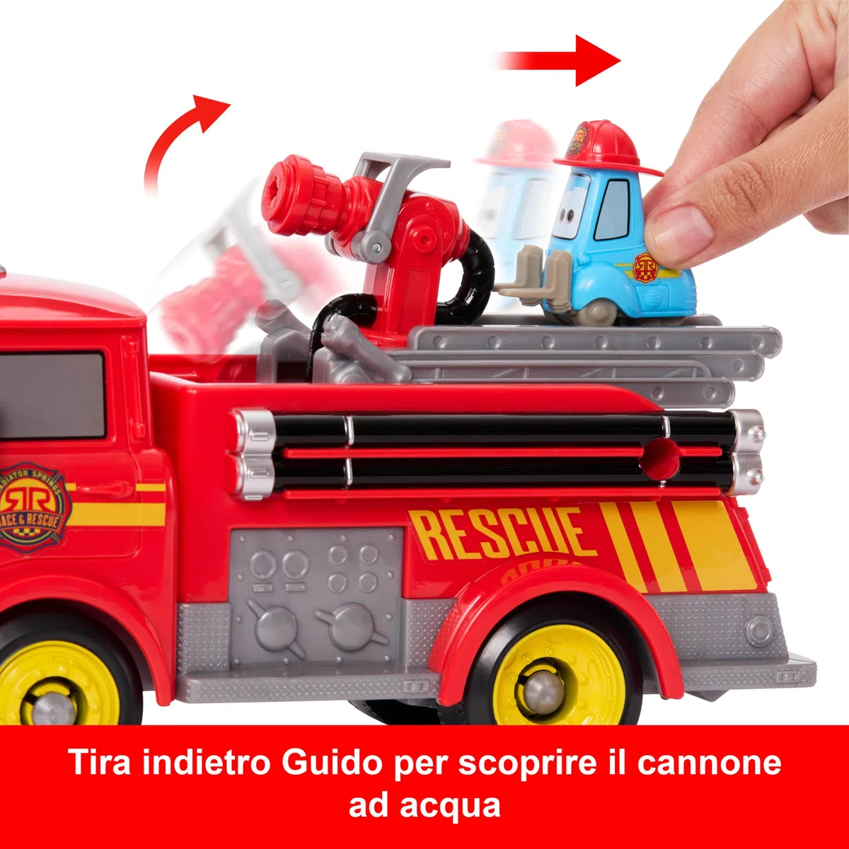 Mattel CARS - Sfreccia e Soccorri Red e Guido Pompieri, set con camion dei pompieri, 2 bersagli a forma di fiamma e 2 proiettili ad acqua inclusi, giocattolo per bambini, 3+ anni, JFL54