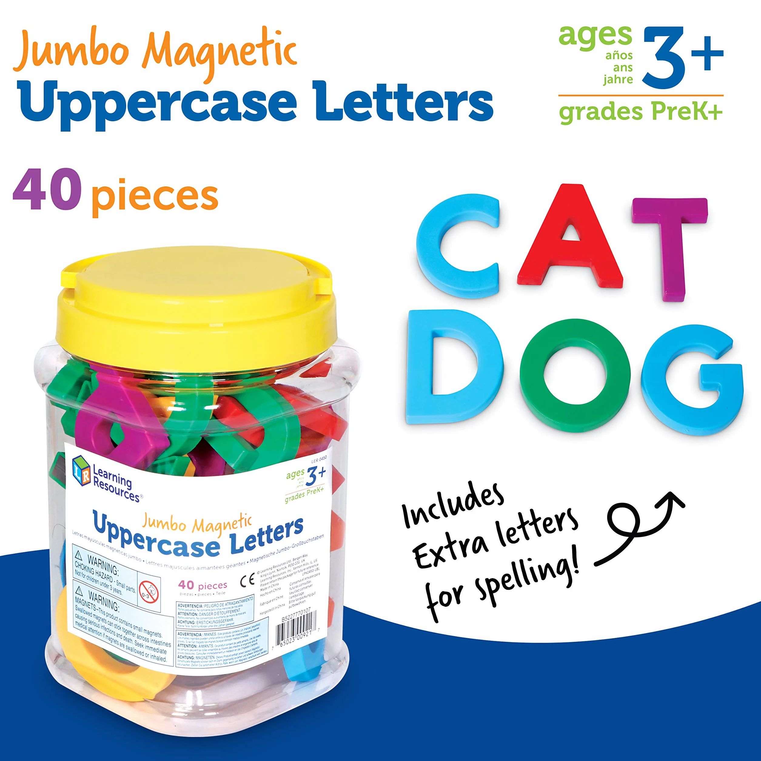 Learning Resources Lettere Maiuscole Magnetiche Jumbo, dai 3 Anni, Set da 40, Alfabetizzazione e Ortografia, Lettere Colorate con Base Magnetica