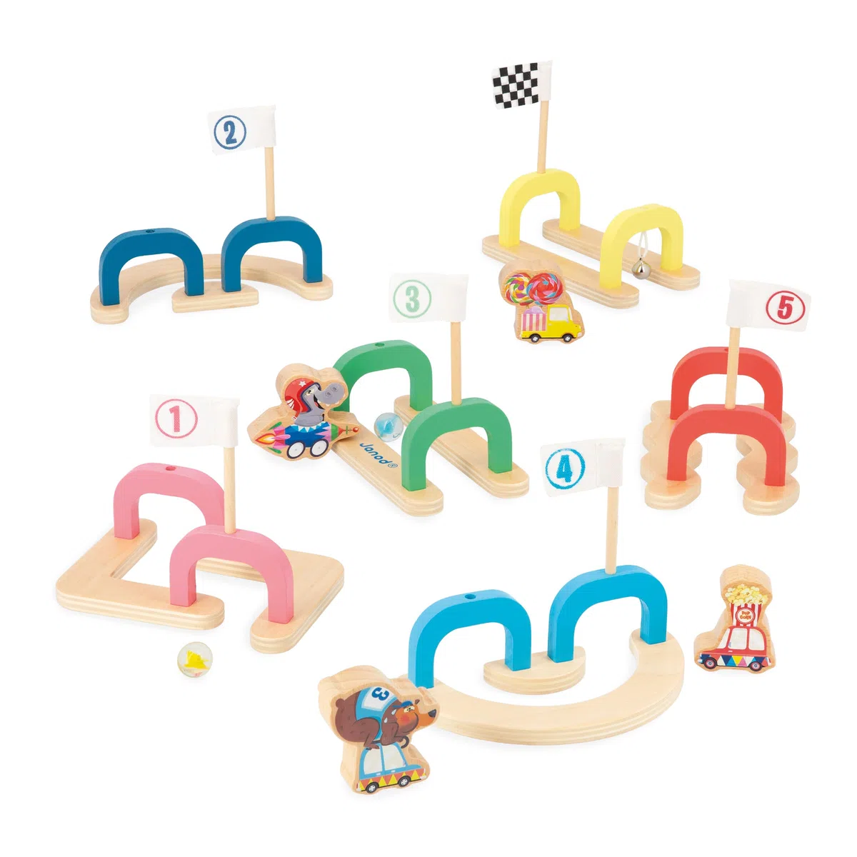 Janod - Gioco Biglie per Bambini Applepop - Gioco di Abilità - 6 Passaggi + 2 Biglie + 4 Pedine - Sviluppa Manualità e Concentrazione - Giocattolo in Legno FSC - Dai 3 Anni, J03357