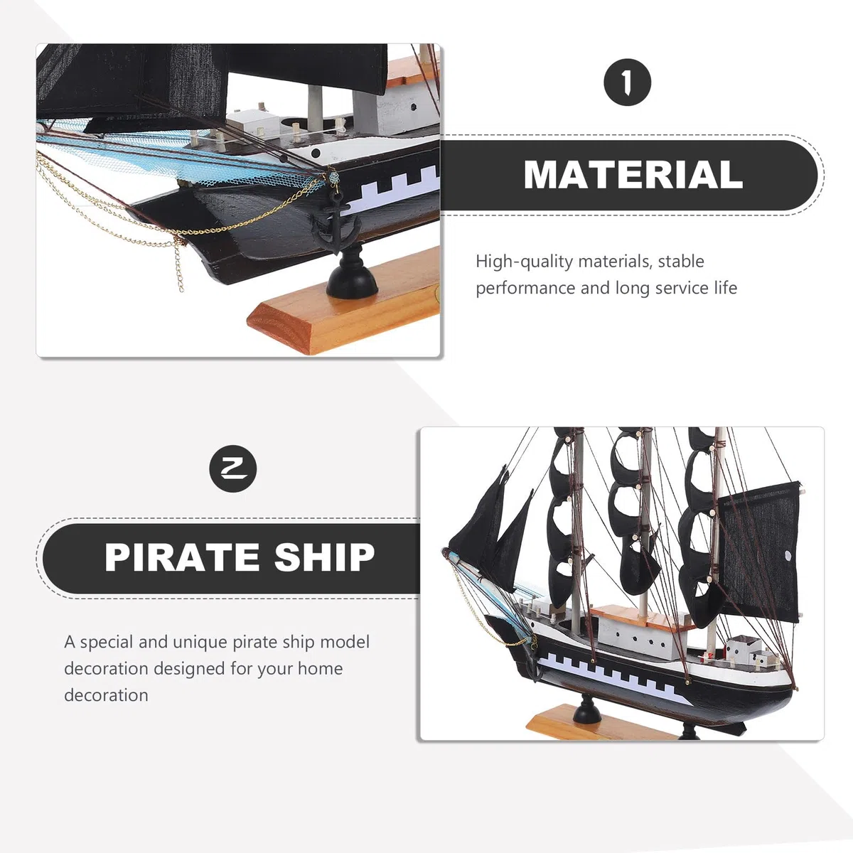 WOONEKY Modello di Barca a Vela Pirata in Legno Nero 33cm per Decorazioni Nautiche Uniche per Vacanze Estive e Arredamento Casa