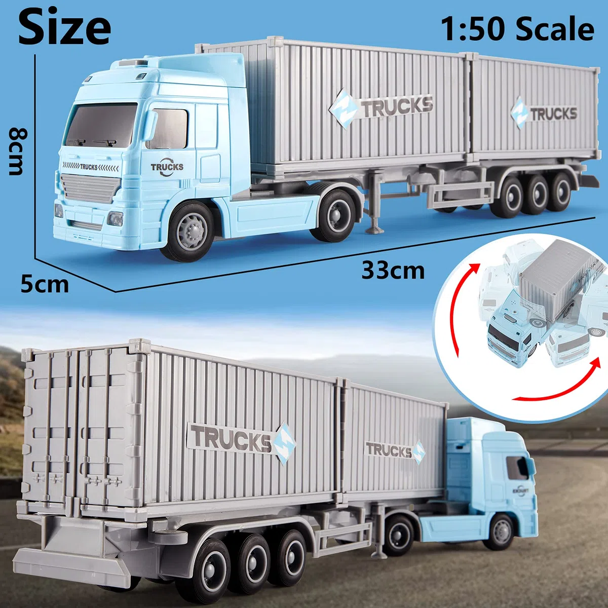 HERSITY Autoarticolato Giocattolo Container Truck con Luci e Suoni Macchinine Bambino Regalo per Bambini 3 4 5 Anni