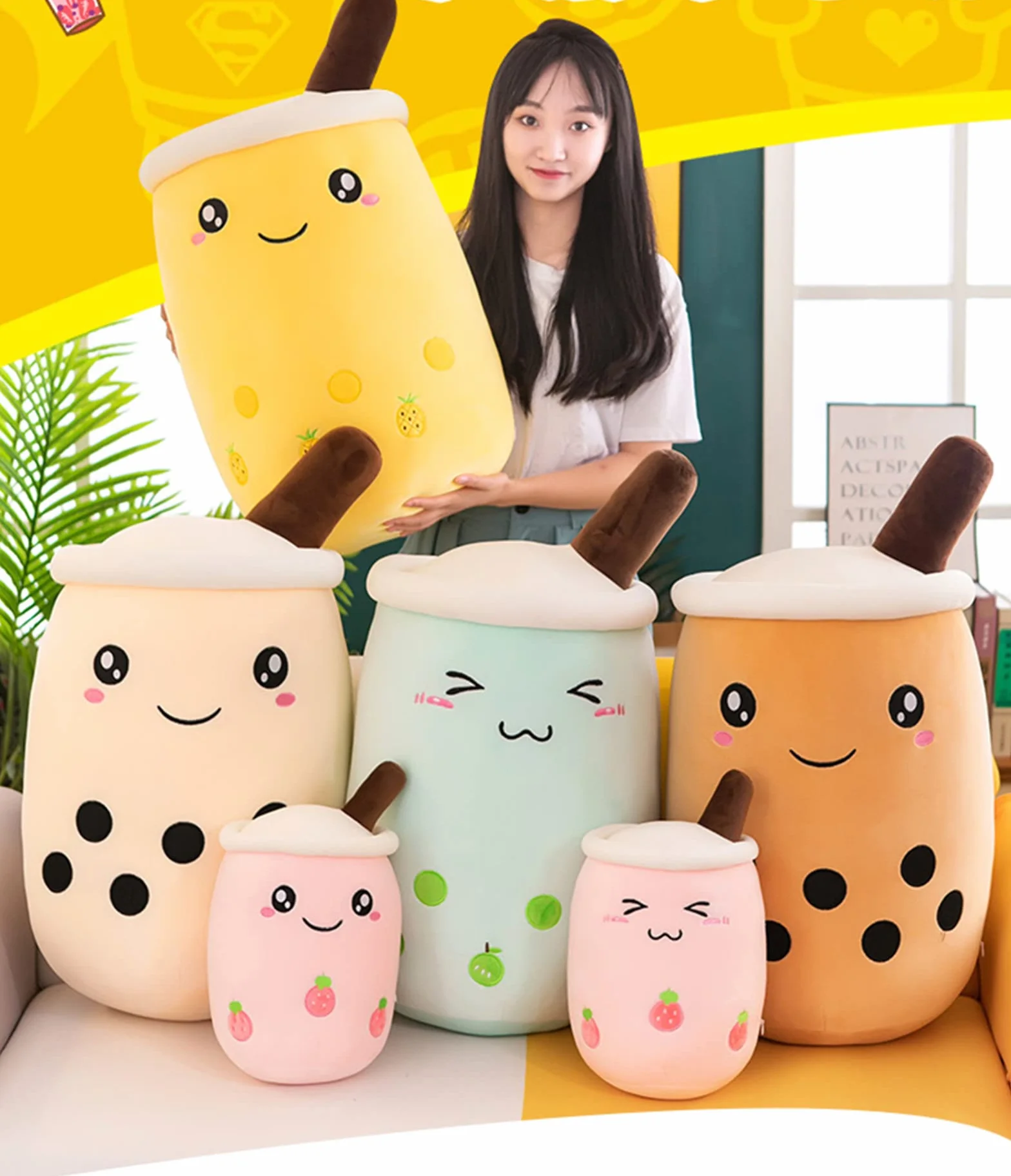 Bubble Tea - Peluche a forma di boba, morbido e morbido, per bambini, giocattolo (strabismo rosa, 35 cm)