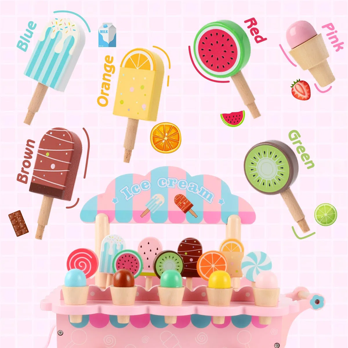 Gelateria Giocattolo per Bambini, Carretto Gelati Giocattolo Legno, Gelateria Cucina Giocattolos Educativi Montessori, Accessori Cucina Legno, Giochi Ruolo Montessori Regalo per Bambina 3 4 5 6 7 Anni