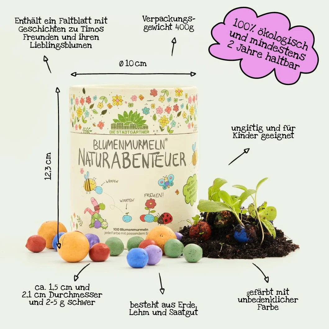 100 biglie di fiori colorate "Mein Naturabenteuer", arrotolate a mano, colorate e vivaci, perfette per il compleanno dei bambini, regalo per bambini, 100% ecologiche e durano almeno 2 anni