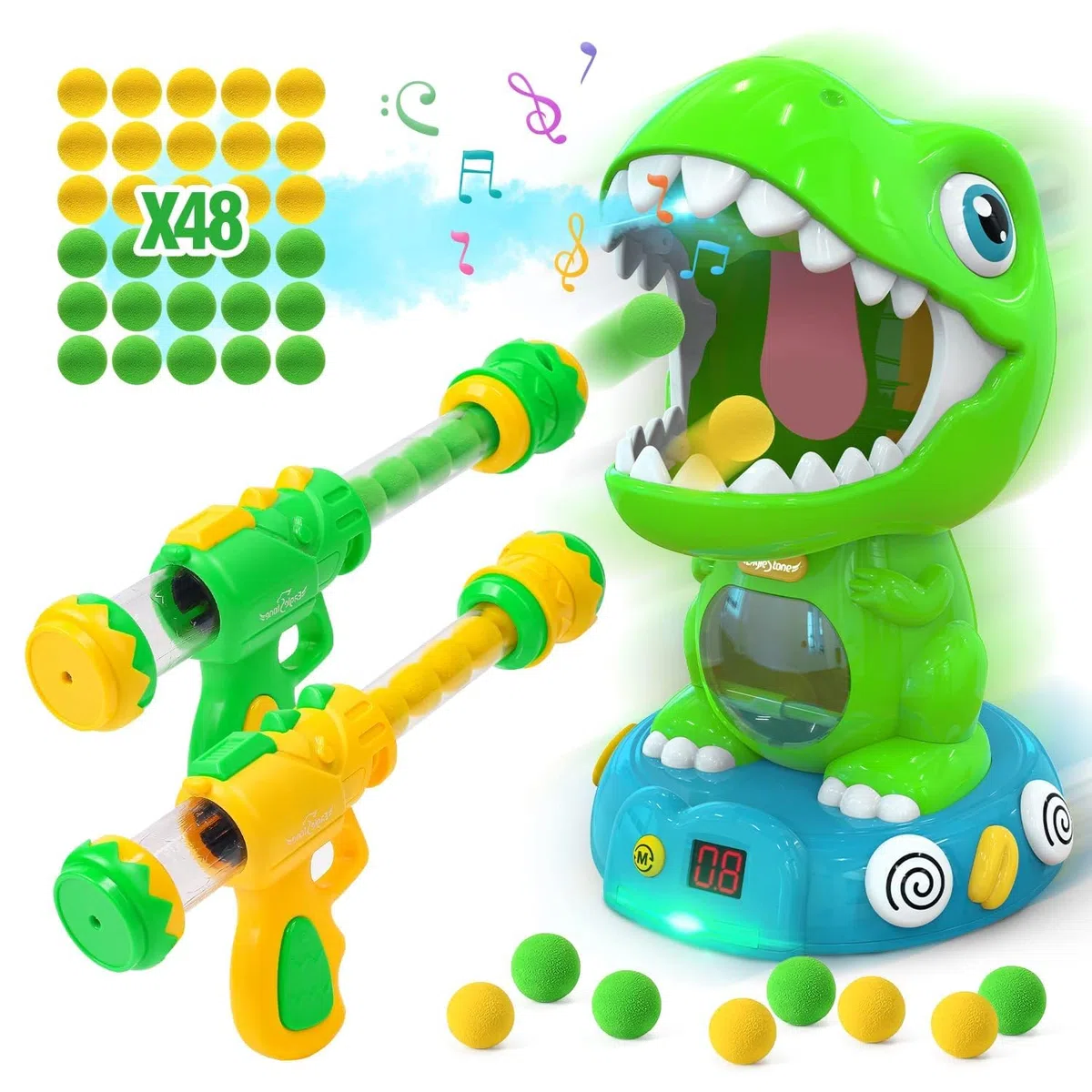 EagleStone Giocattoli da tiro a Forma di Dinosauro Mobile per Bambini con spruzzatura, Giocattolo da Gioco elettronico con 2 Pistole a Pompa, 48 Palline, Giocattoli Natalizi per Feste con Suono