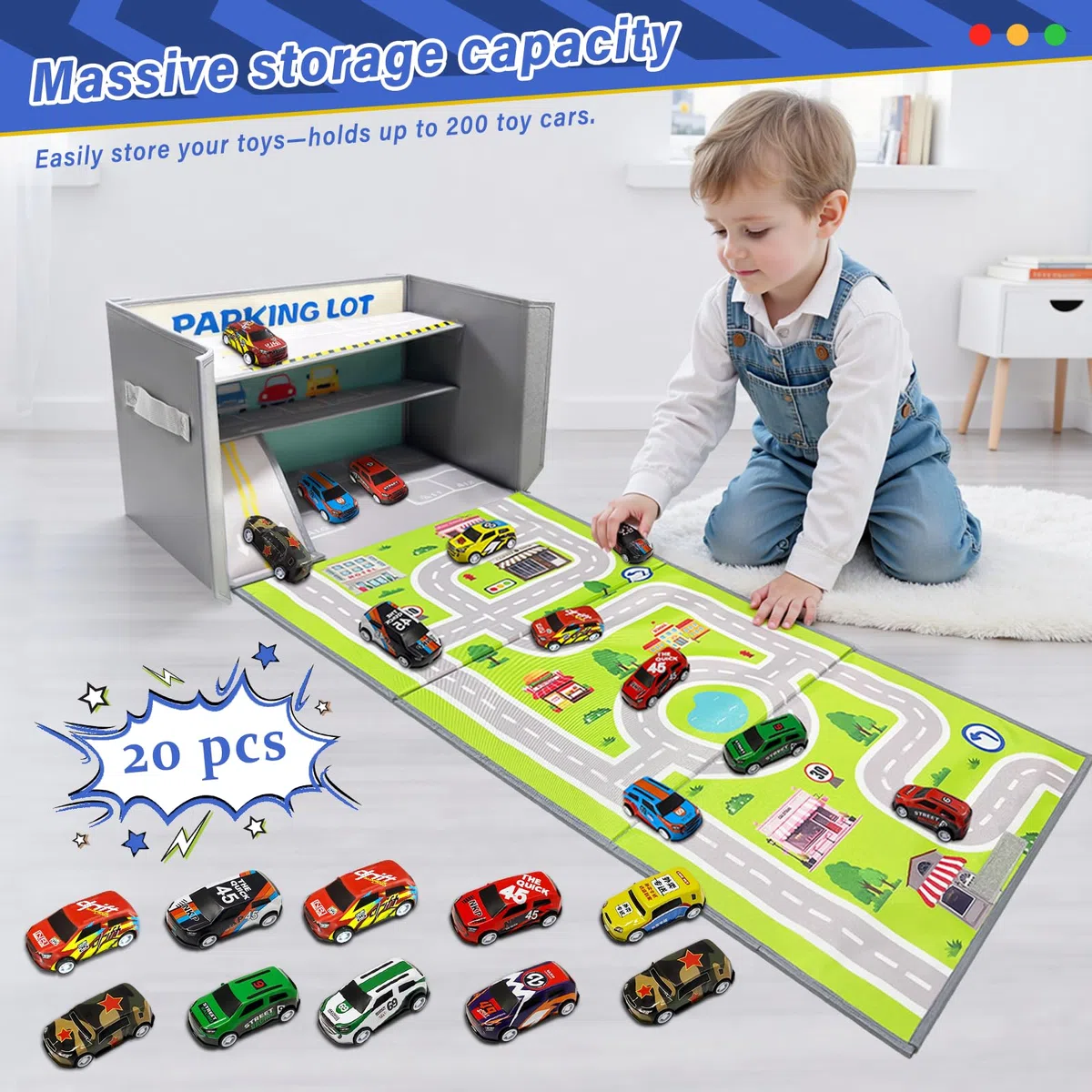 Scatola Portaoggetti per Auto Giocattolo: Garage per Auto Giocattolo per Bambini - Garage per Pieghevole 3 in 1 per Bambini - Organizzatore per e Tappeto da Gioco (Gray)