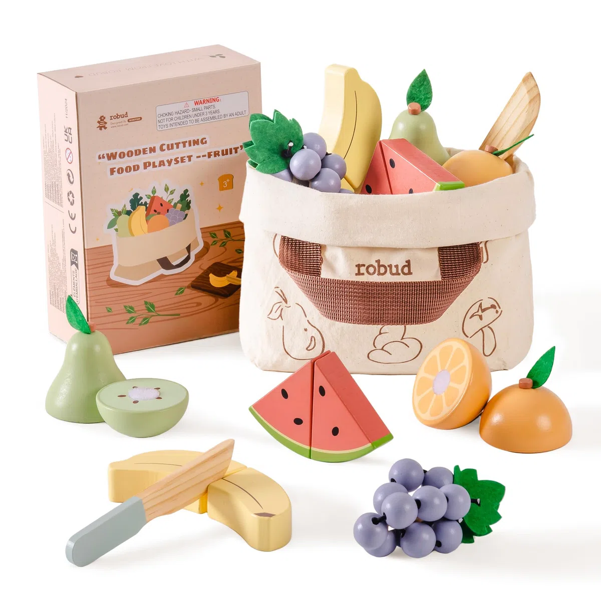 ROBUD Accessori per la cucina dei bambini in legno per giocattoli, alimenti per giochi di ruolo, cucine da gioco con custodia, regali per bambini a partire dai 3 anni in su, set di frutta