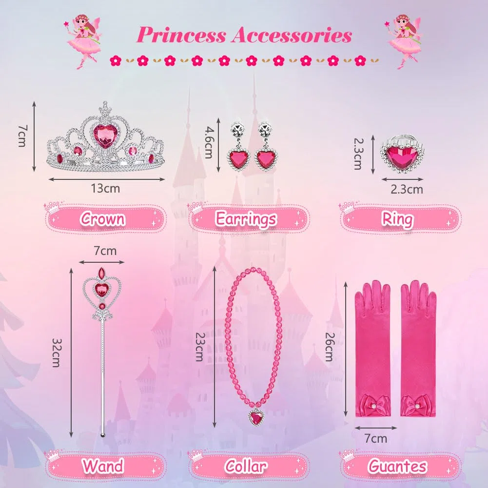 Costumi Principessa, 6 PCS Vestito Bambina Bella Addormentata Costume con Accessori, Ragazza Abiti Principessa Abito Principessa Rosa da Carnevale Halloween