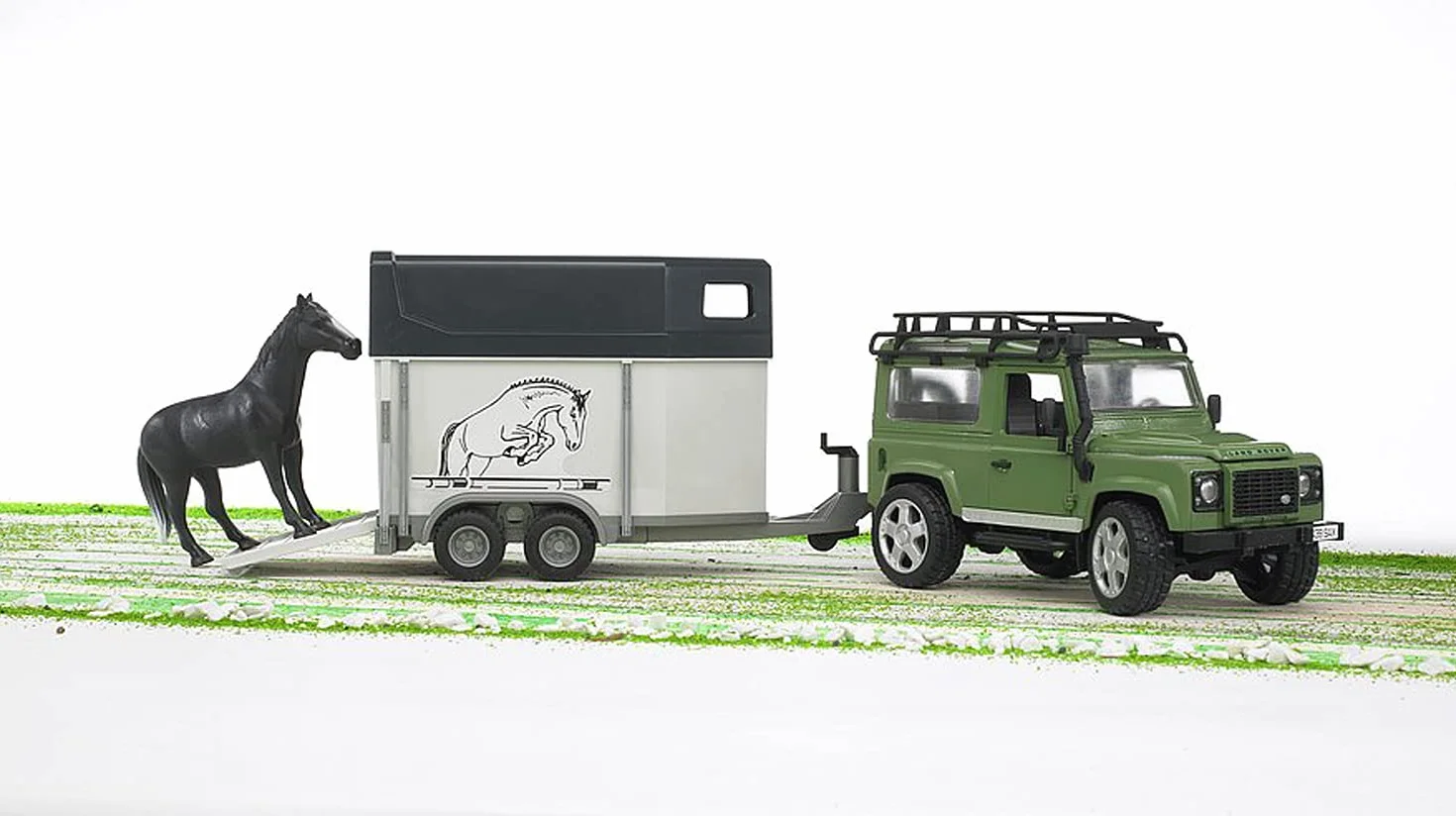 bruder 02592 - Land Rover Defender con rimorchio per cavalli, 1 cavallo, veicolo fuoristrada, jeep, veicolo fuoristrada, fattoria di cavalli