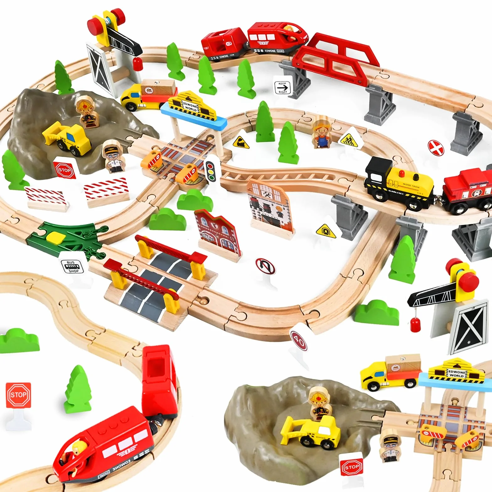 HERMORRYSS Treni in Legno per Bambini, Set di 100 pezzi Treni e Giocattoli in Legno, Ferrovia Ingegneristica con Gru Magnetica, Treno Elettrico, Figure Umane, Luci di traffico, Regalo per Bambini 3+