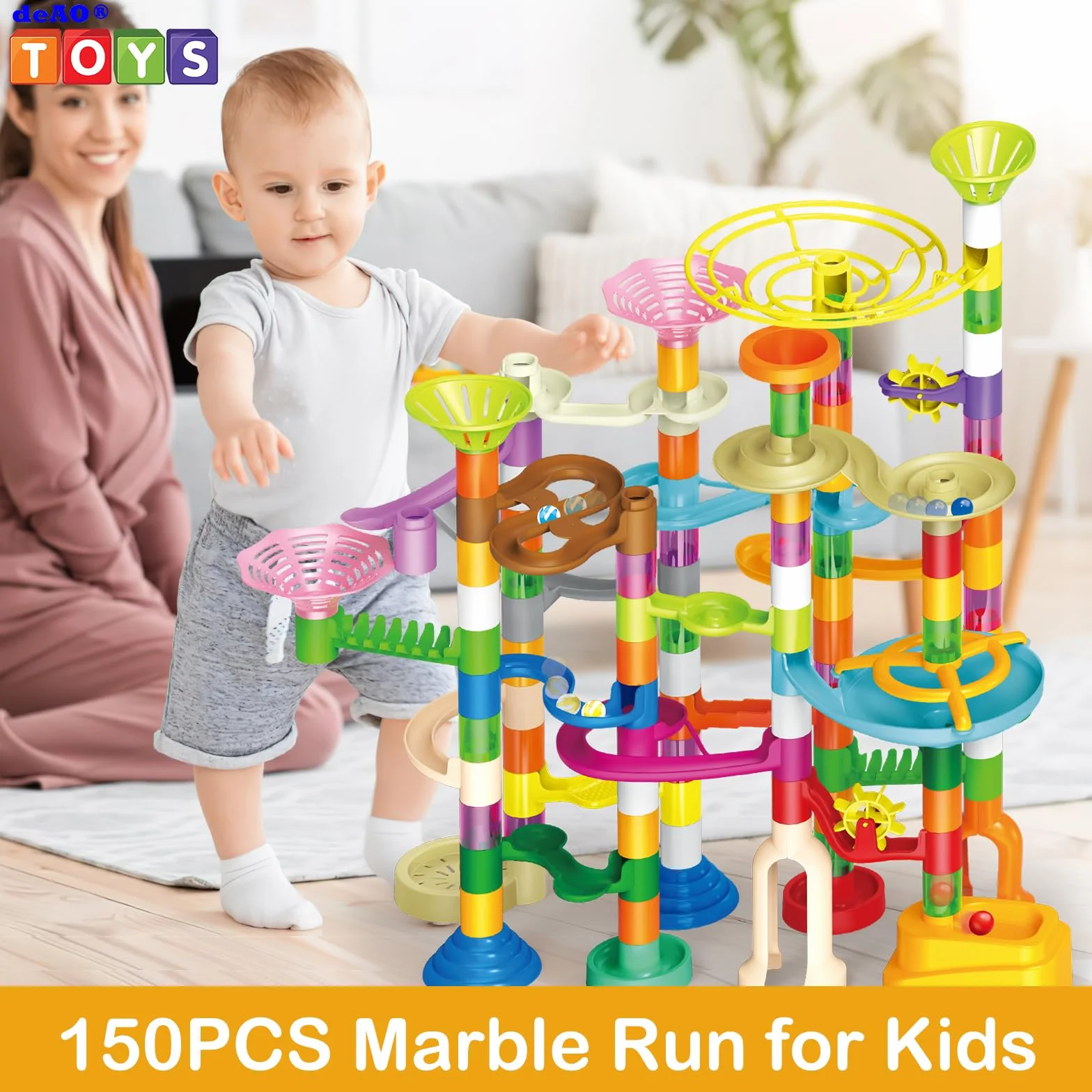 deAO Torre Marble Run Pista per Biglie per Bambini – Gioco di Costruzione STEM Educativo, Pista Creativa da Assemblare con 150 Pezzi e 60 Biglie (30 Fosforescenti), Gioco per Bambini 3+ Anni