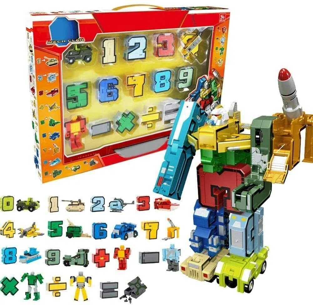 Alfabeto Numeri trasformatori Robot Matematica Giocattoli educativi Costruzione di edifici Puzzle Veicolo Modello Militare carro Armato Missile Elicottero da Combattimento