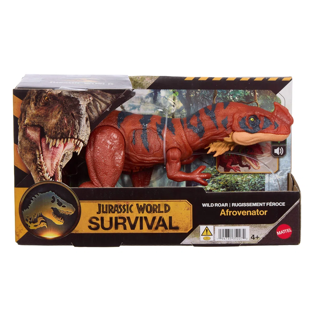 Mattel Jurassic World - Afrovenator Ruggito Selvaggio, dinosauro snodabile con mandibola multidirezionale, mossa d'attacco e suoni inclusi, giocattolo per bambini, 4+ anni, JKL76