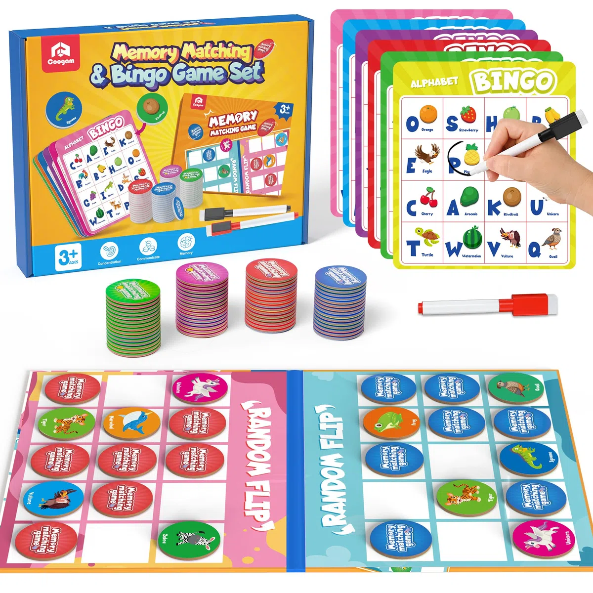 Coogam Gioco di bingo alfabeto, ABC Matching Board per l'apprendimento, Attività di riconoscimento dei modelli di colore, Giocattolo regalo per bambini prematuri per bambini in età prescolare 3-4-5