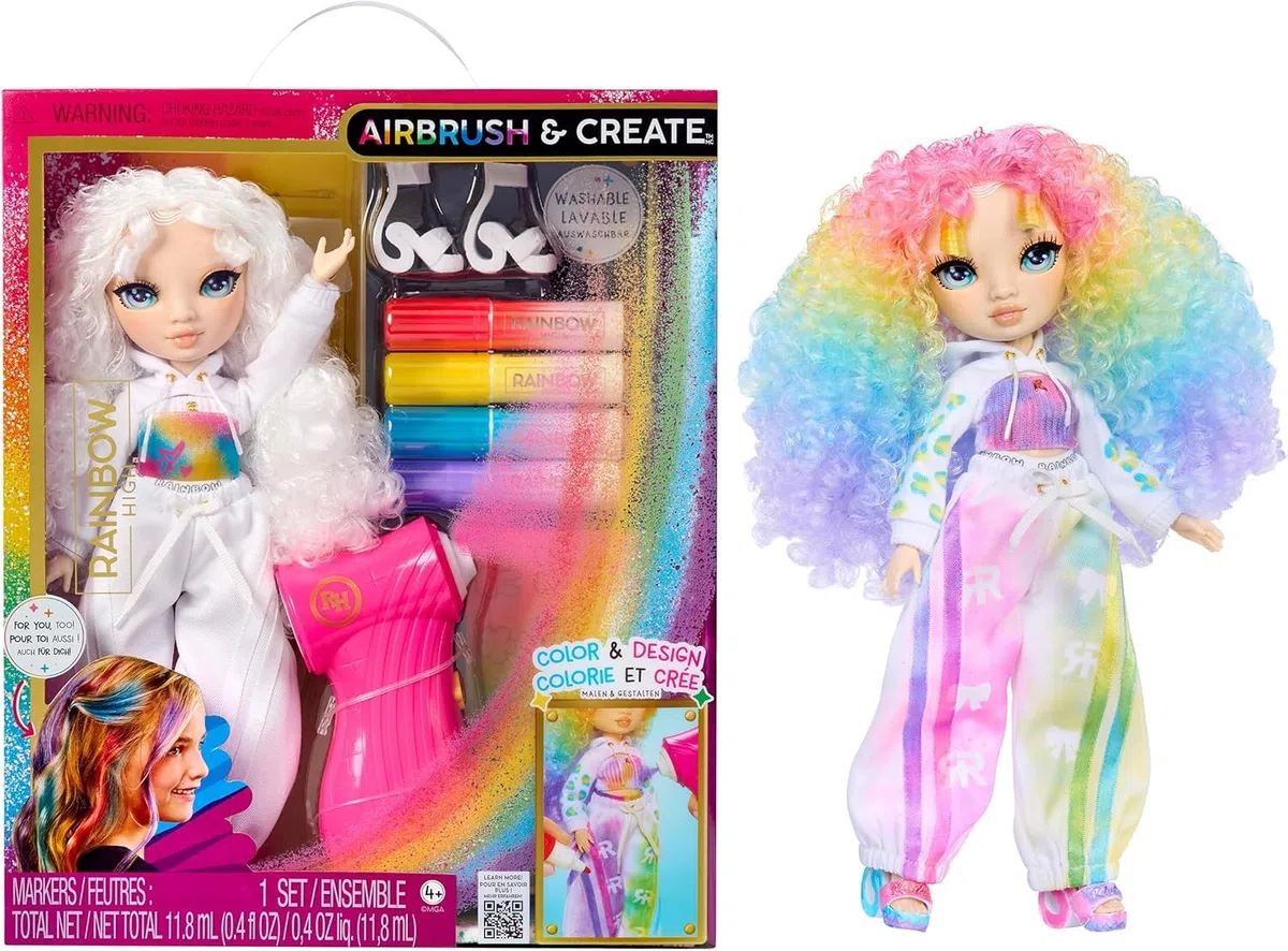 Rainbow High Air Brush & Create - 1 Bambola alla Moda Fai da Te con Kit Aerografo, Pennarelli Arcobaleno Lavabili, Capelli Lunghi, Occhi Verdi, Gioco Creativo. Età 4-12