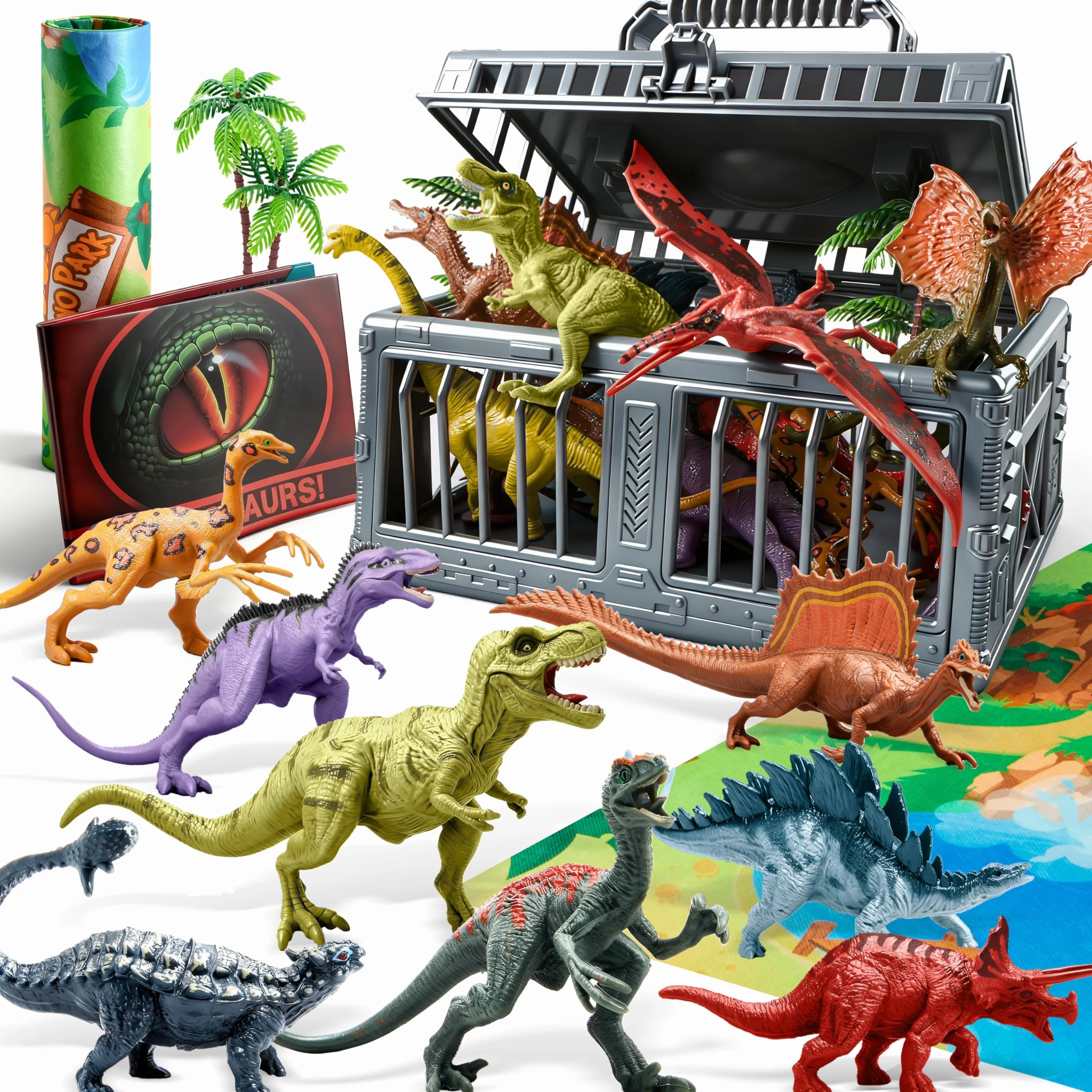 JOYIN Dinosauro Set per Bambini 3-6 Anni - 19 PZ Figure Realistiche, Alberi, Gioco Mat e Gabbia - Regalo per Ragazzi