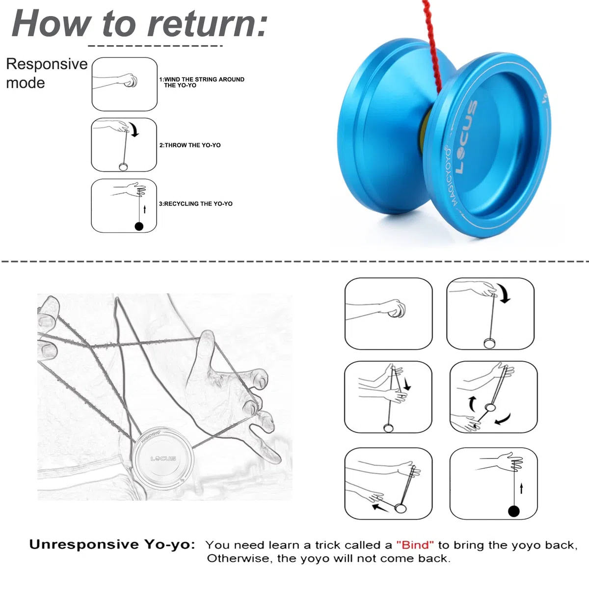 MAGICYOYO V6 Yoyo Professionale Reattivo & Non Reattivo | Yo-yo Metallo per Bambini e Adulti | Da Principianti a Avanzati + Guanto + 12 Corde + Borsa + Strumento di Rimozione | Blu Scuro