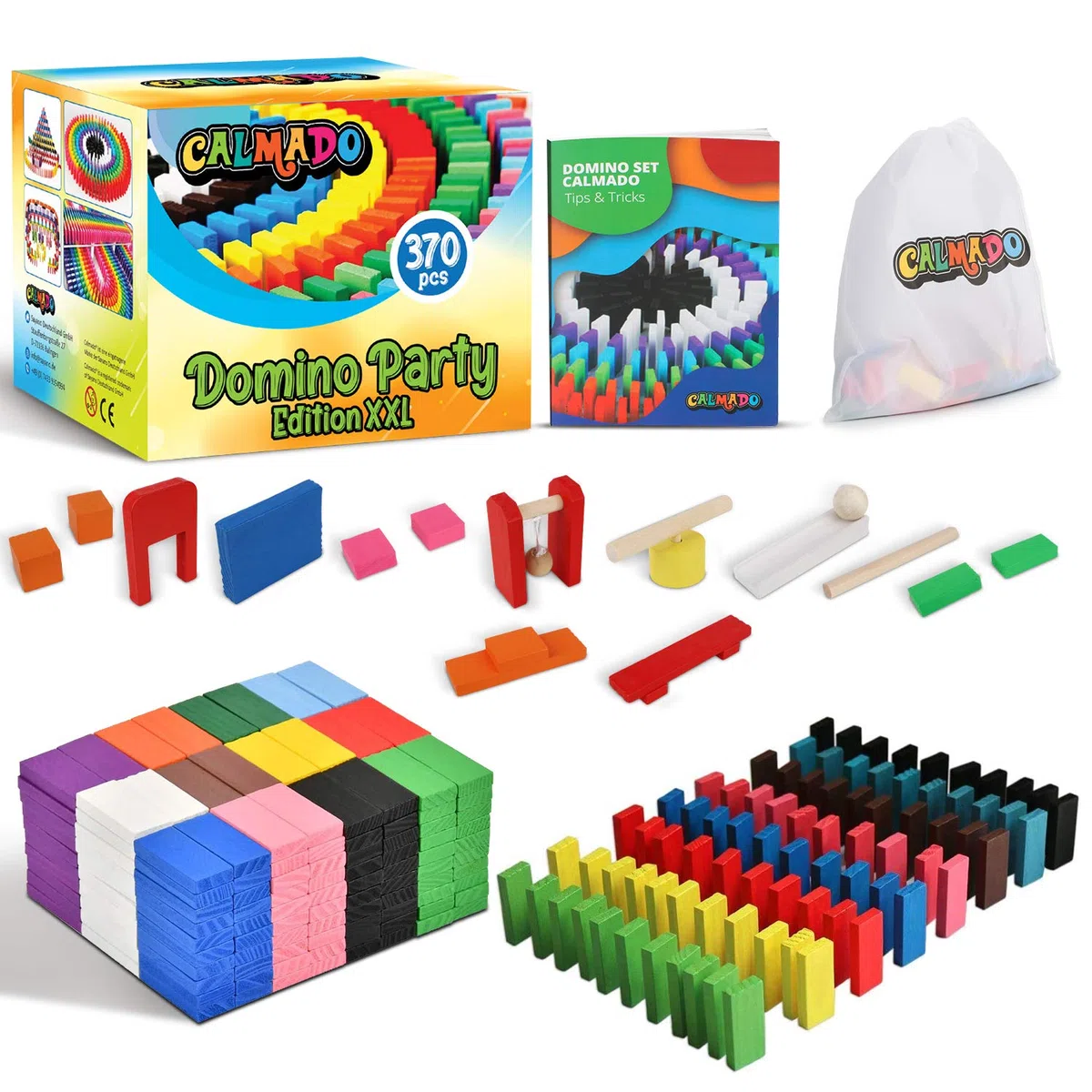 Calmado - Domino in Legno 370 Pezzi – Set Domino Rally per Bambini e Famiglia – Tessere Colorate per Costruire e Giocare – Edizione Party XXL con Borsa, Istruzioni e Accessori