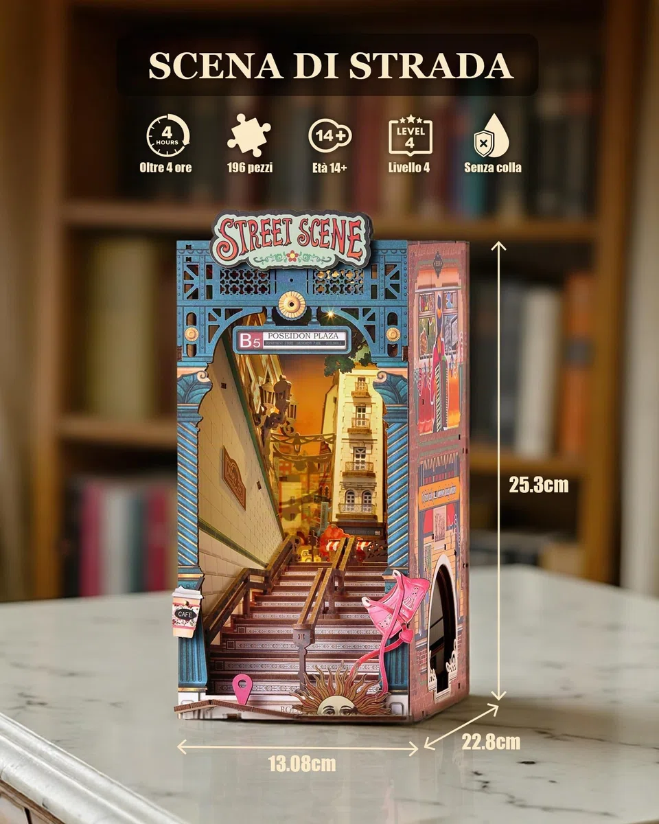 Rolife Book Nook Street Scene, Kit Casa Miniatura DIY con Luci, Booknook per Adulti da Costruire, Supporto per Libri in Legno 3D da Collezione & Decorazione per Libreria, Regali di Compleanno e Natale