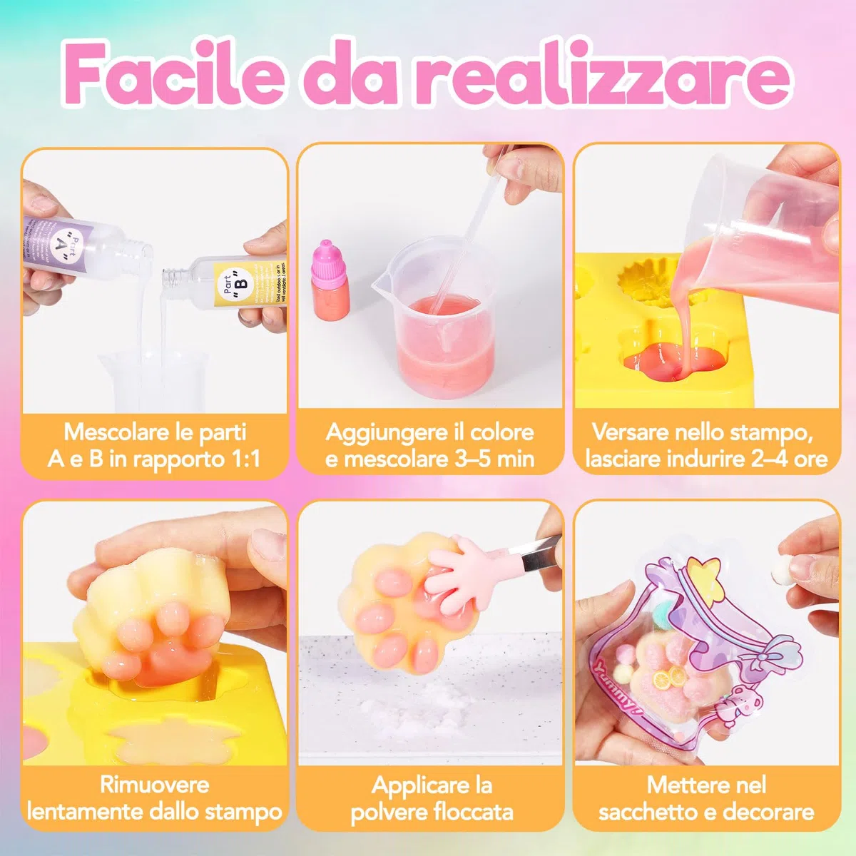 VBACALA 24 Pezzi Taba Squishy Kit Fai da Te,150g AB Silicone 1:1 Miscela Creare Taba Squishy Zampa, Fiori, Erba, Fragole, Pasticcini Squishy Antistress,Regalo Antistress Fai da Te per Bambini Adulti