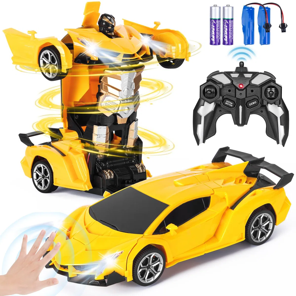 Highttoy Macchina Telecomandata per Bambini, Auto RC Trasformatore Rotazione a 360° con Rilevamento Gesti, Luce e Musica, 2.4GHz Robot Trasformatore Giocattoli Bambini 3 4 5 6 7 8 Anni, Giallo