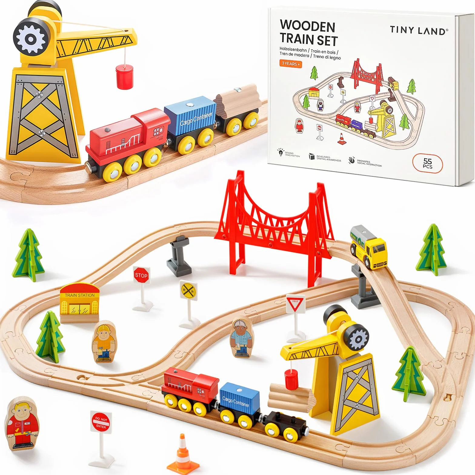 Tiny Land Set di 55 pezzi per gru e treni esclusivi, compatible con tutte le principali marche di treni in legno