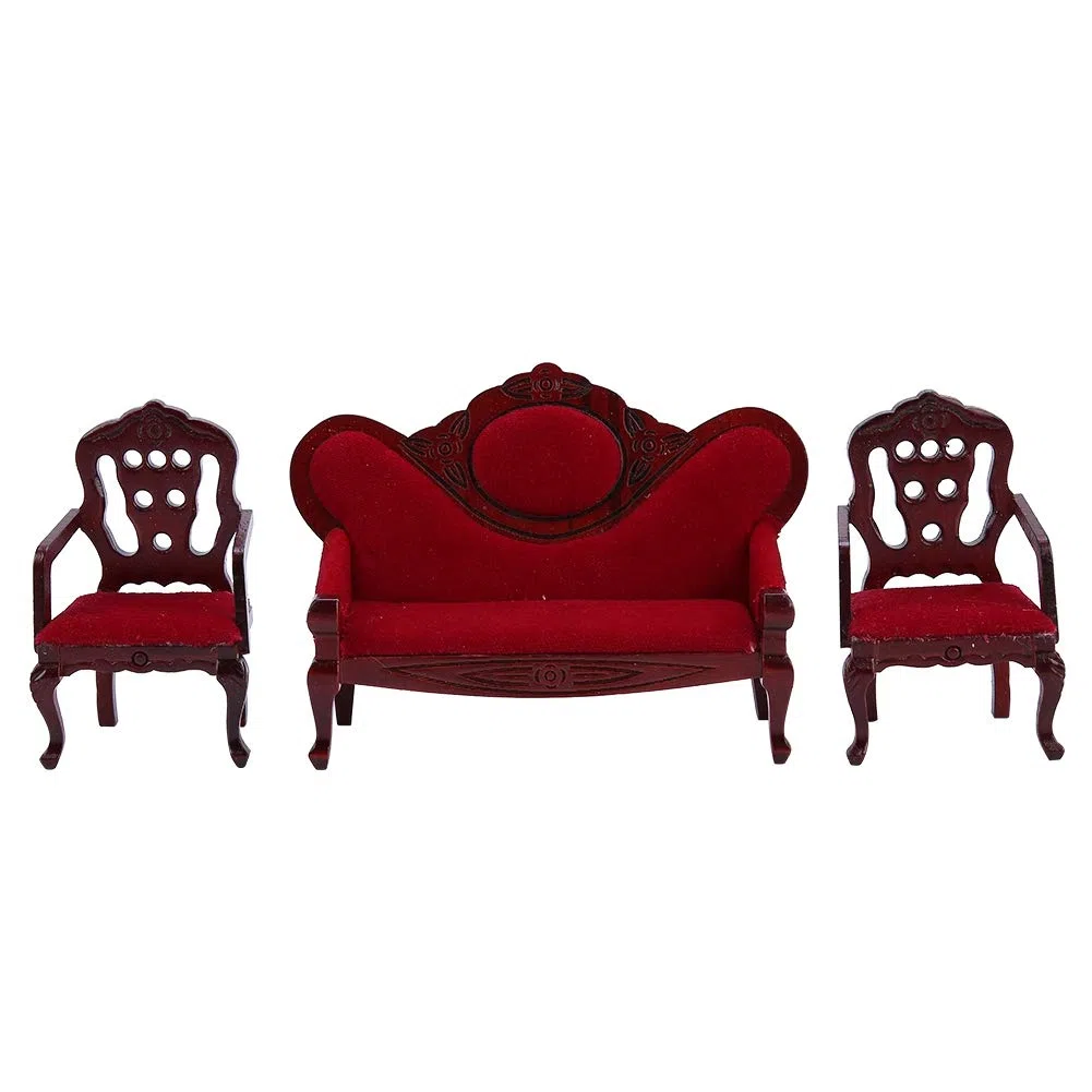 Divano vintage per casa delle bambole e sedie abbinate, un set di divani per casa delle bambole con struttura in legno artigianale per diorami da soggiorno in miniatura
