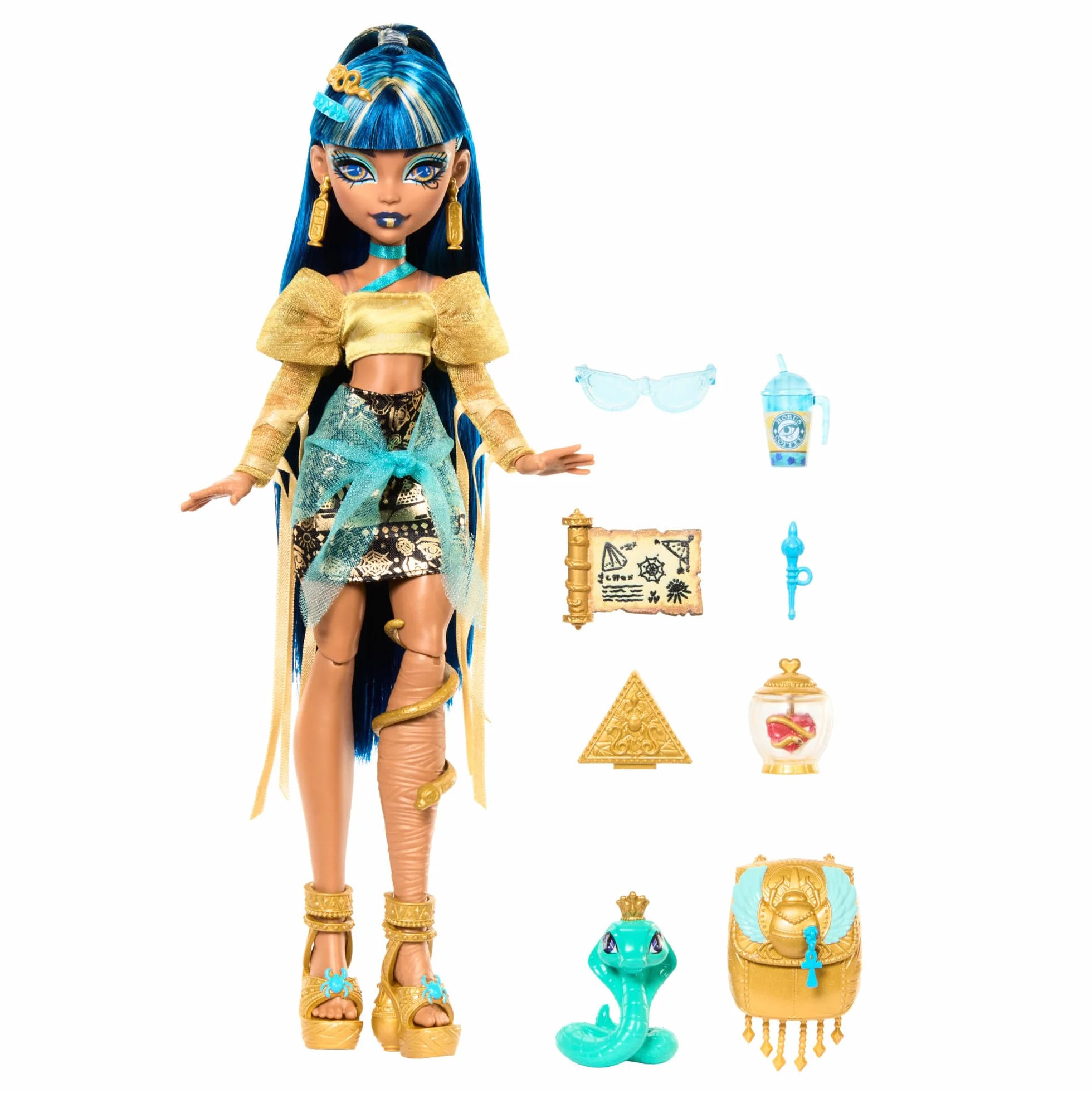 Monster High - Cleo de Nile, bambola con camicetta dorata e gonna a strati, cucciolo di cobra Hissette e accessori come zaino, snack e pergamena inclusi, giocattolo per bambini, 4+ anni, HXH74