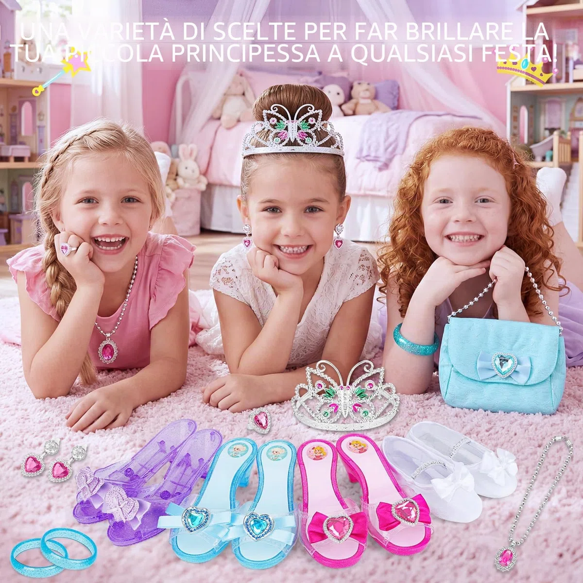 deAO Boutique Gioielli da Principessa con 4 Paia di Scarpe, bracciali, Collana, Borsa, Orecchini e Corona a Forma di Farfalla Tiara Inclusi