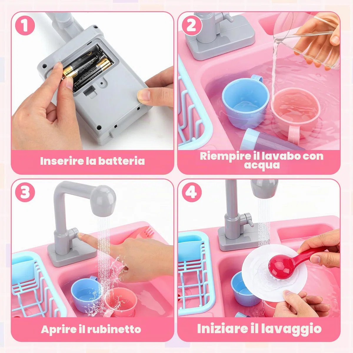 deAO Lavello da Cucina Gioco di Ruoli con Simulatore di Acqua Elettrico e Accessori (Rosa)