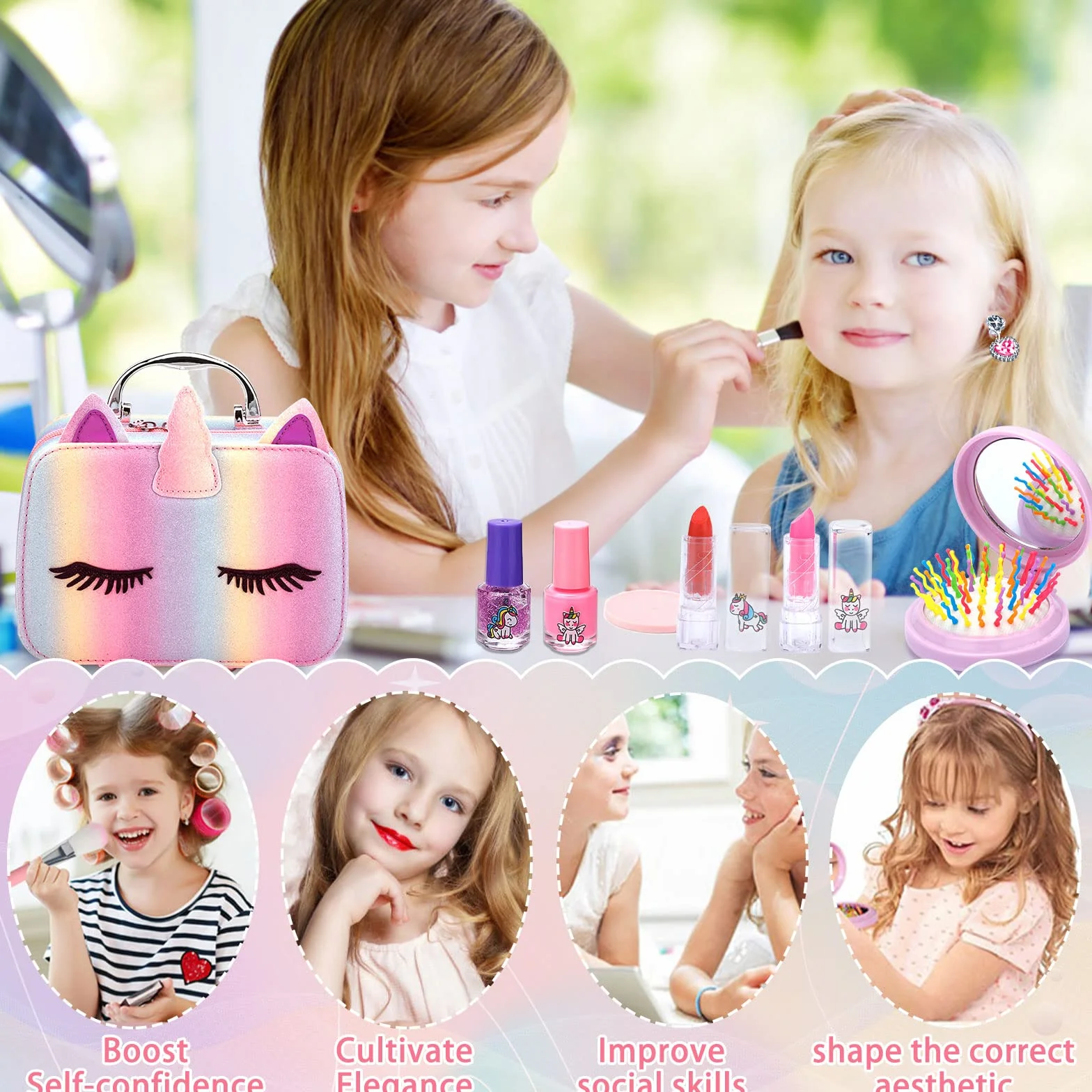 Set di trucchi per bambine, 31 pezzi, lavabili, con astuccio per il trucco, set per il trucco per Natale e compleanno, per bambine e ragazze