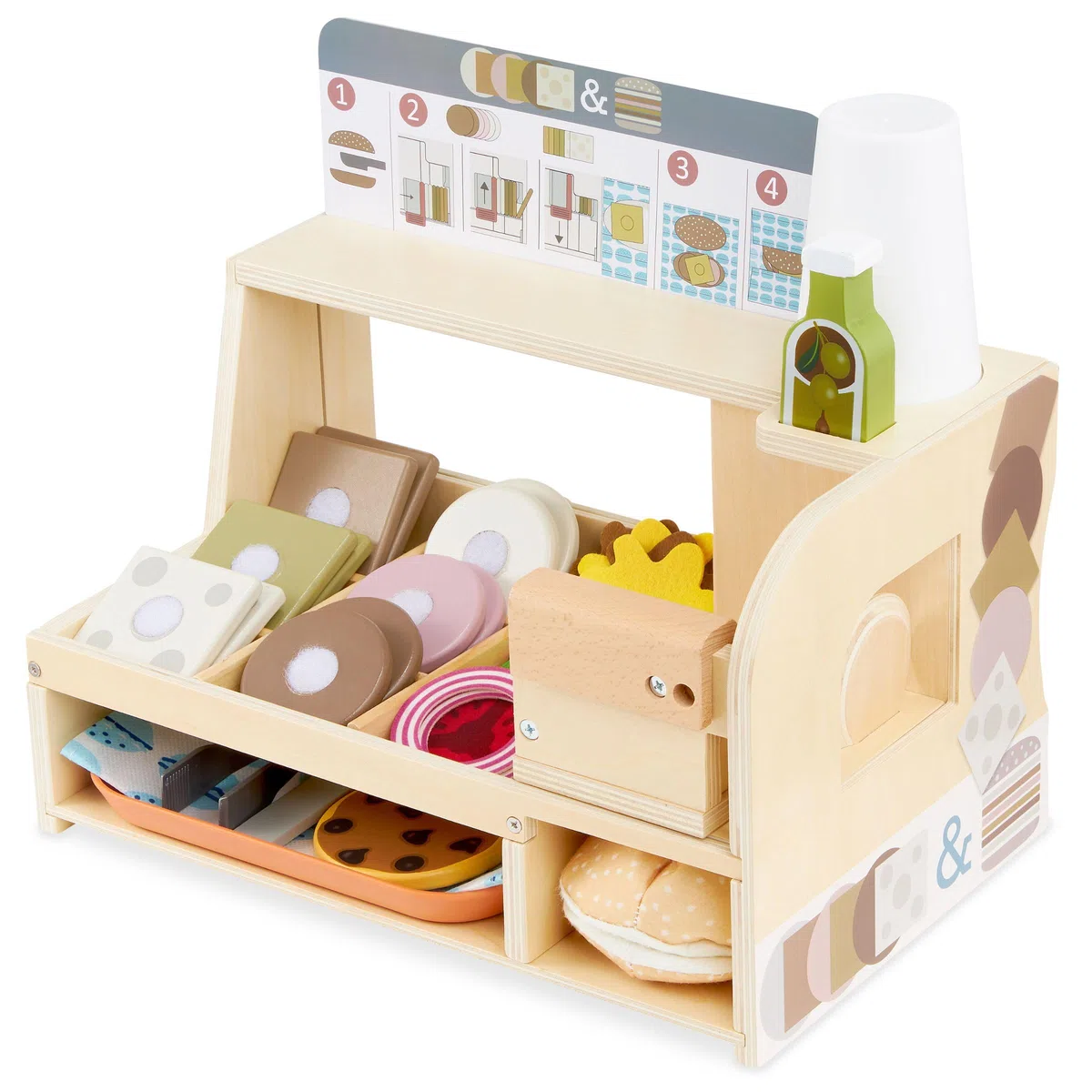 mamabrum Paninoteca Giocattolo in Legno per Bambini, Banco Fast Food con Cibo e Accessori, Gioco di Ruolo Ristorante, Panini e Cucina Giocattolo, 3 Anni