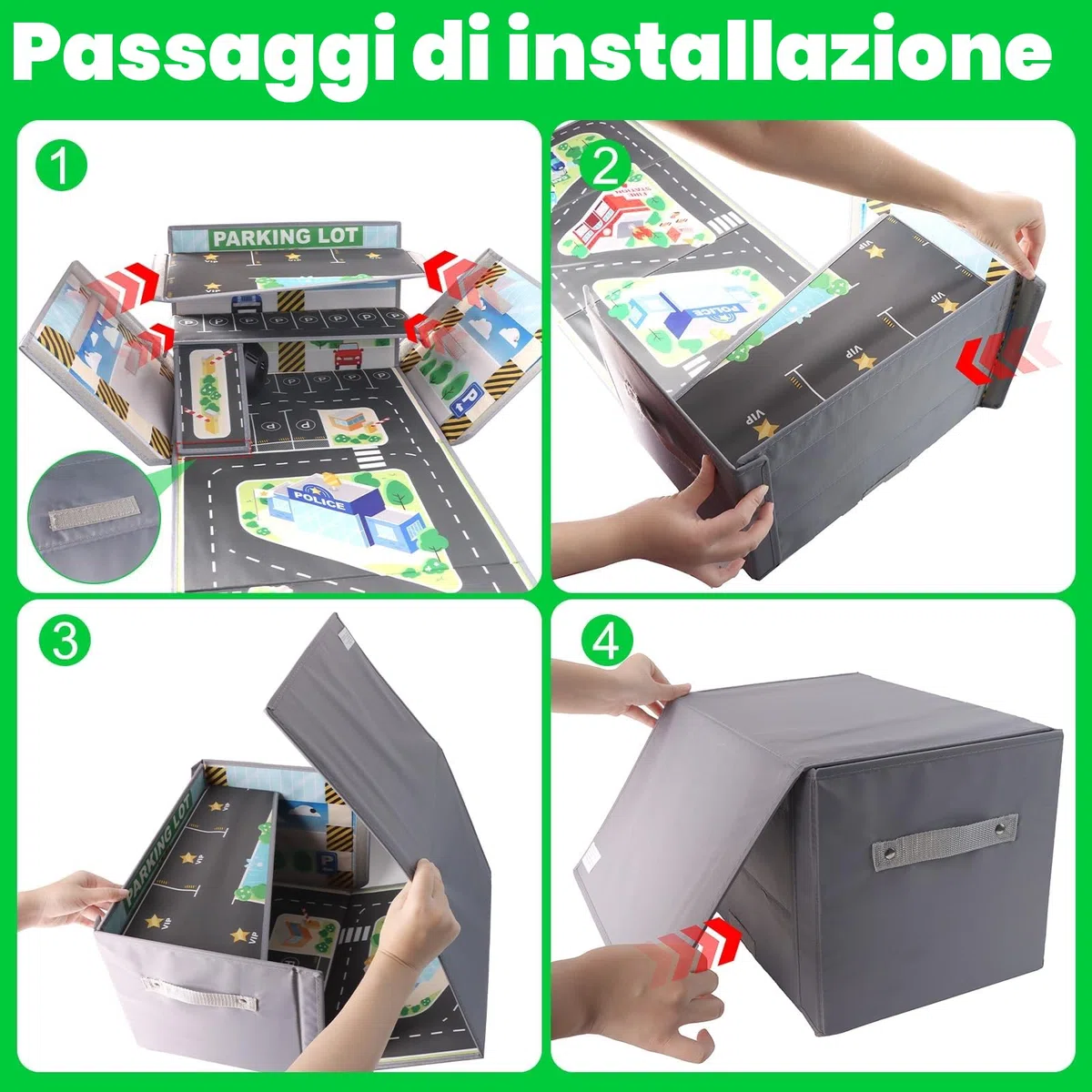 Scatola Portaoggetti per Auto Giocattolo, Pieghevole Garage per Bambini con Tappetino da Gioco, Baule Portagiochi Bambini con Coperchio