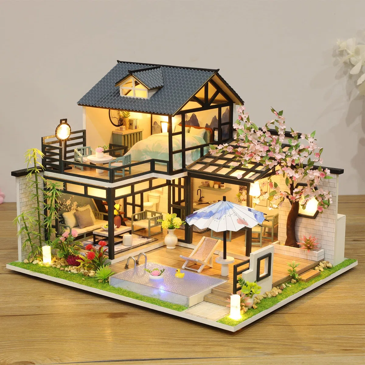 Cuteefun Kit Case in Miniatura da Costruire per Adulti, Miniature Casa delle Bambole Fai da Te con Mobili Musica e Strumenti, Regali Creativi Artigianali (Cortile Poetico)