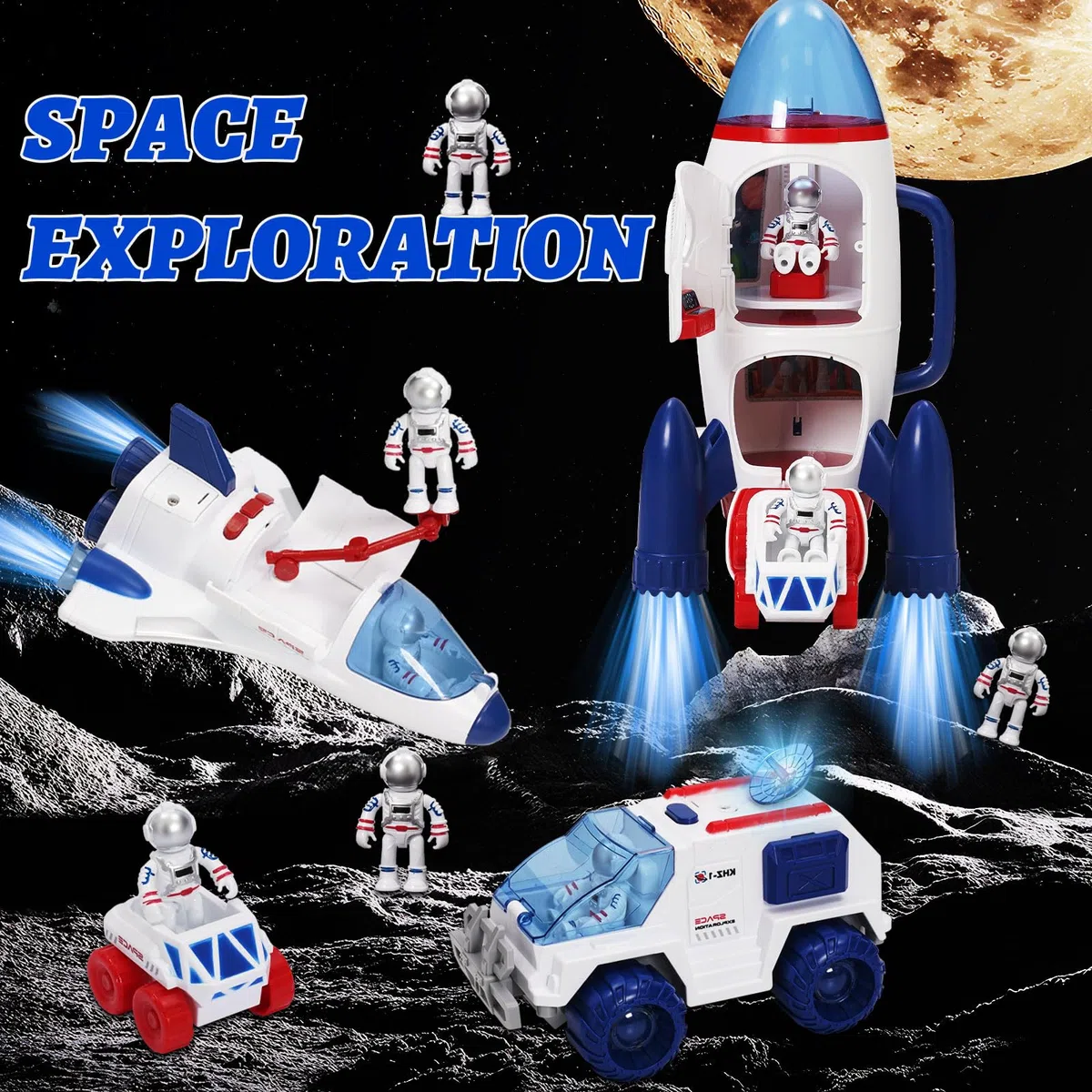Set da gioco astronautica con luce e suono per ragazzi e ragazze, con 3 personaggi astronauti, 1 razzo spaziale, 2 rovers spaziali, 1 navetta, Astro Venture