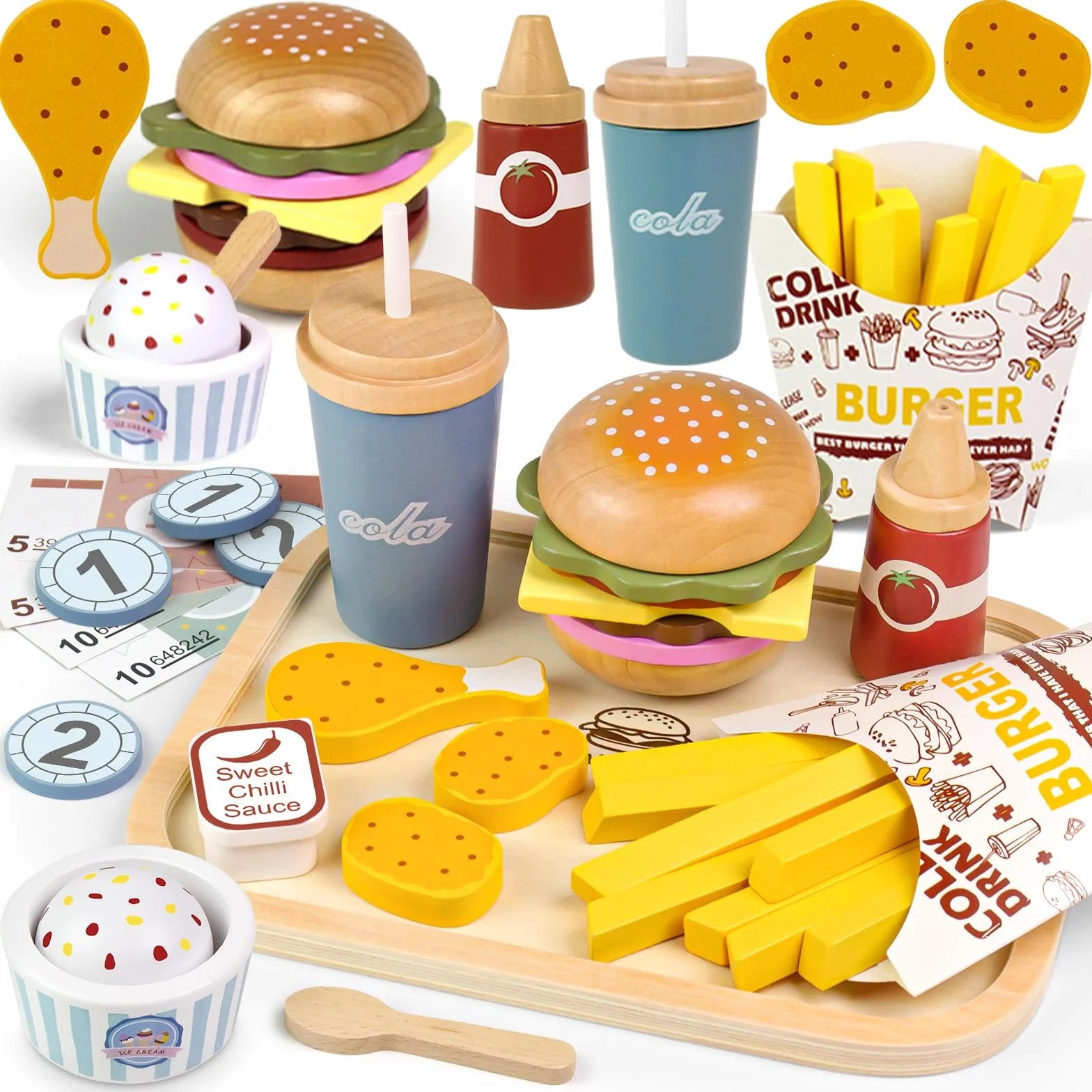 Airlab Fast Food Giocattolo, Accessori Cucina Giocattolo Legno per Bambini Bambina, Set Cibo Veloce Finto Giocattolo per Cucina Bambini, Regalo Bambino Compleanno Pasqua Halloween Natale 3 4 5+ Anni