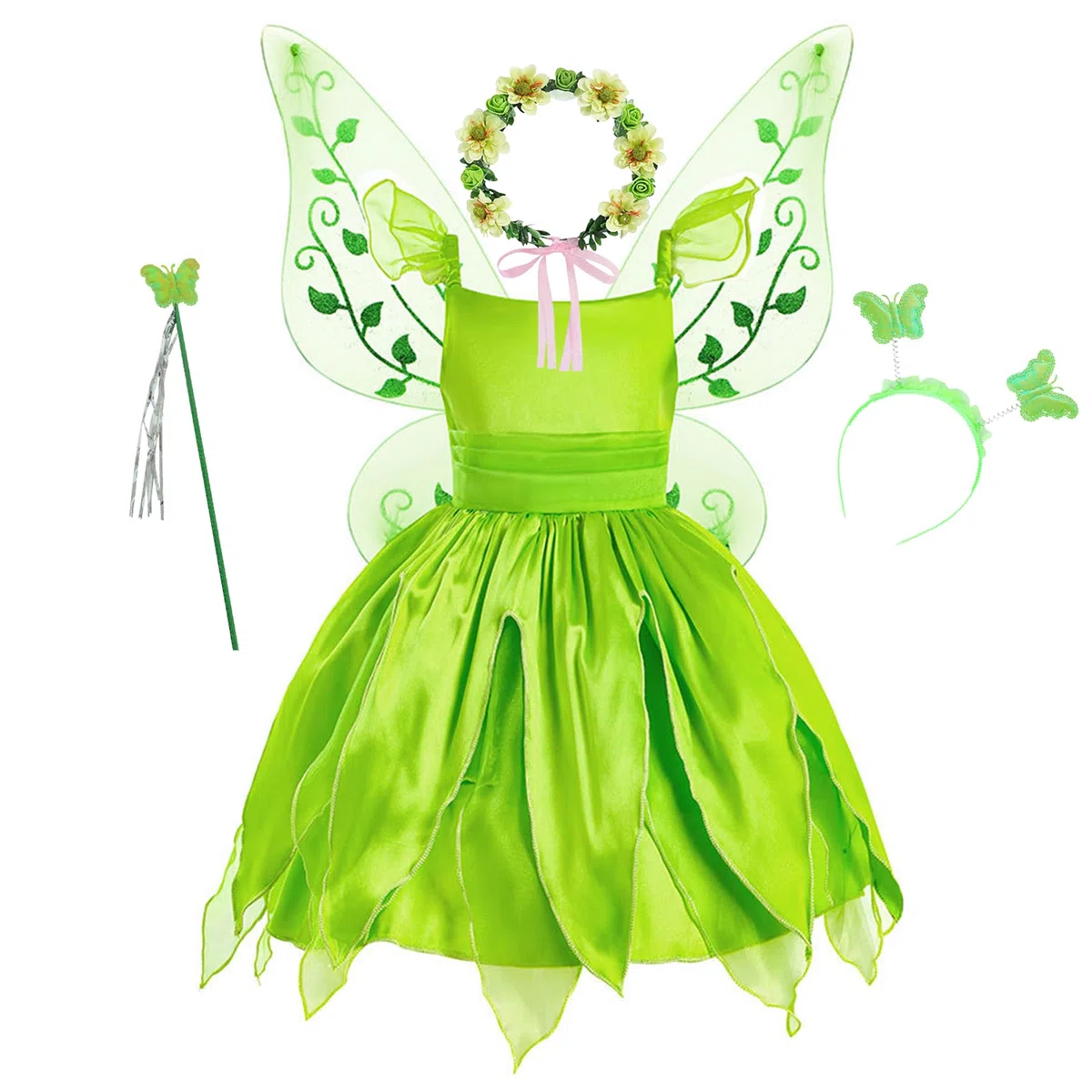 New front Costume per Cosplay della Principessa con Accessori per Carnevale Classico Bambina Finta Seta Estive Feste a Tema Feste Halloween Compleanno Verde Tematizzate